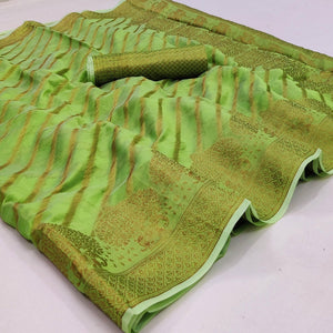 Green Woven Organza Saree - Peachmode