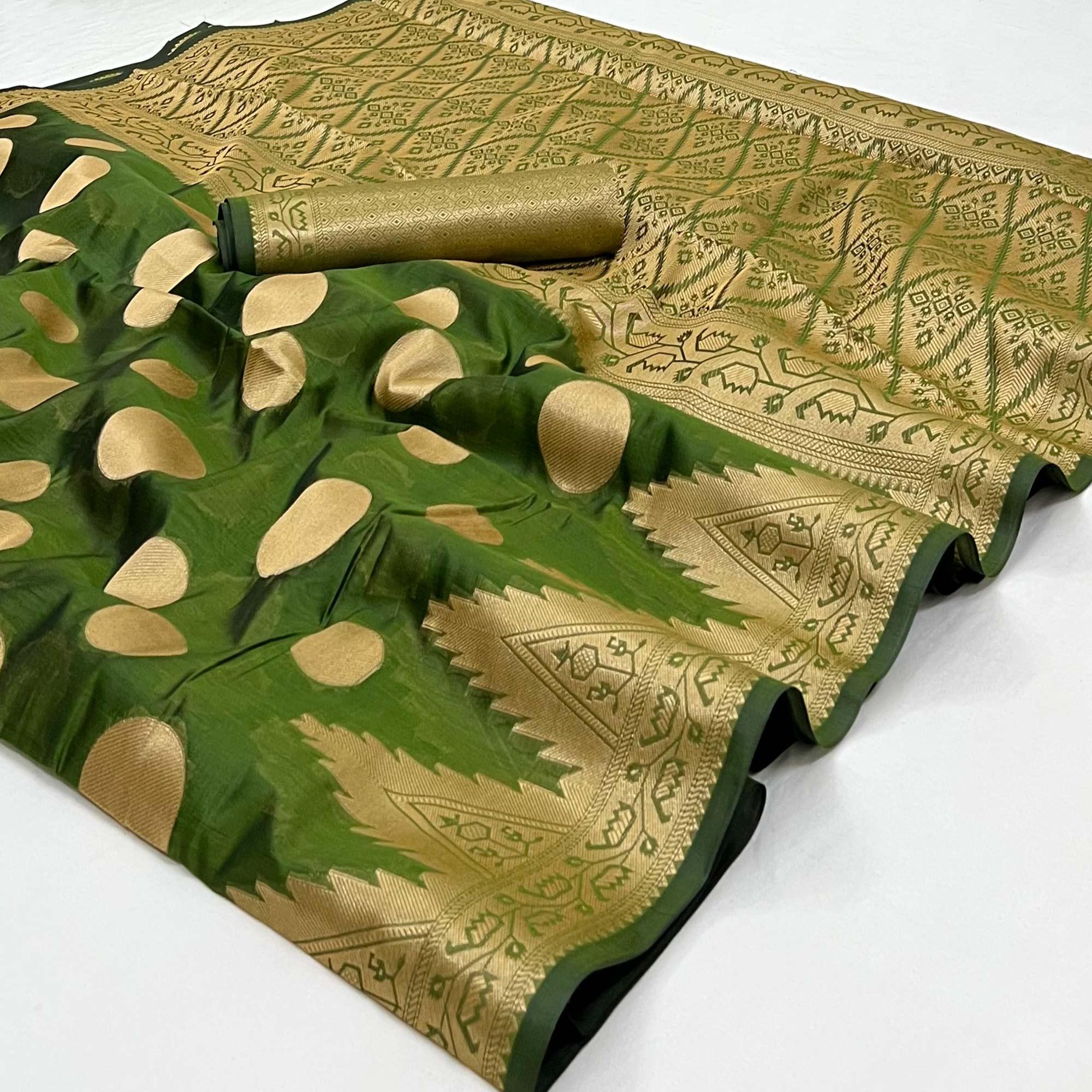 Green Woven Organza Saree - Peachmode