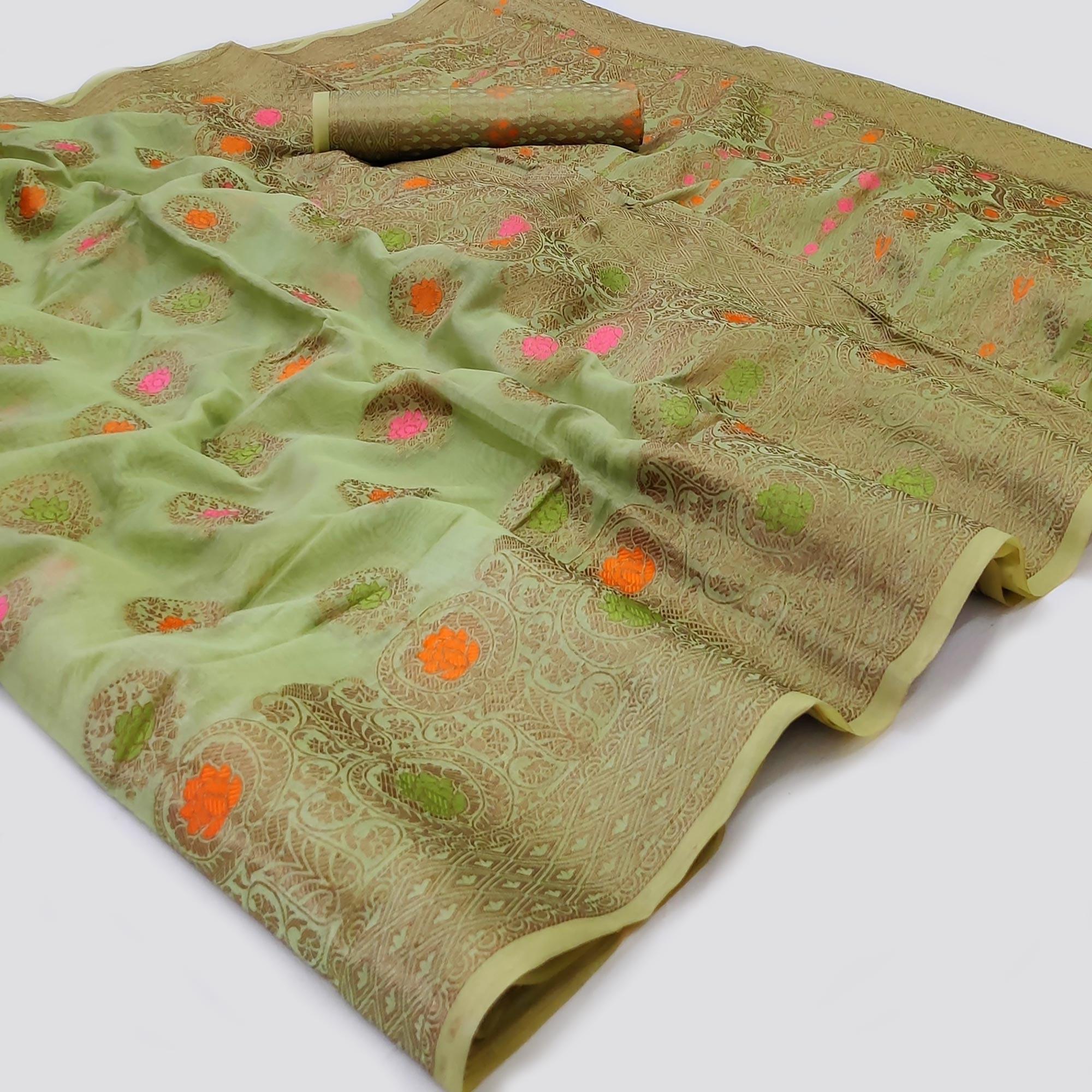 Green Woven Organza Saree - Peachmode