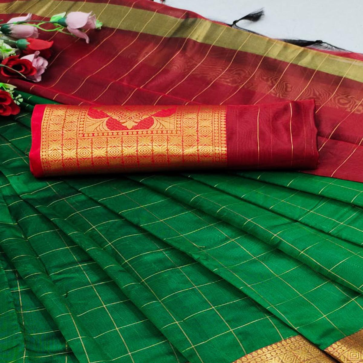 Green Woven Organza Saree - Peachmode