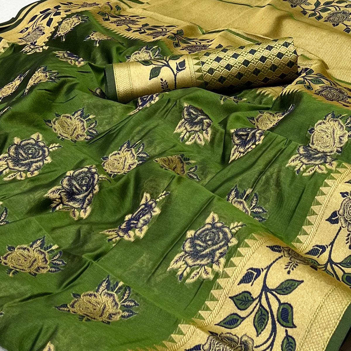 Green Woven Organza Saree - Peachmode