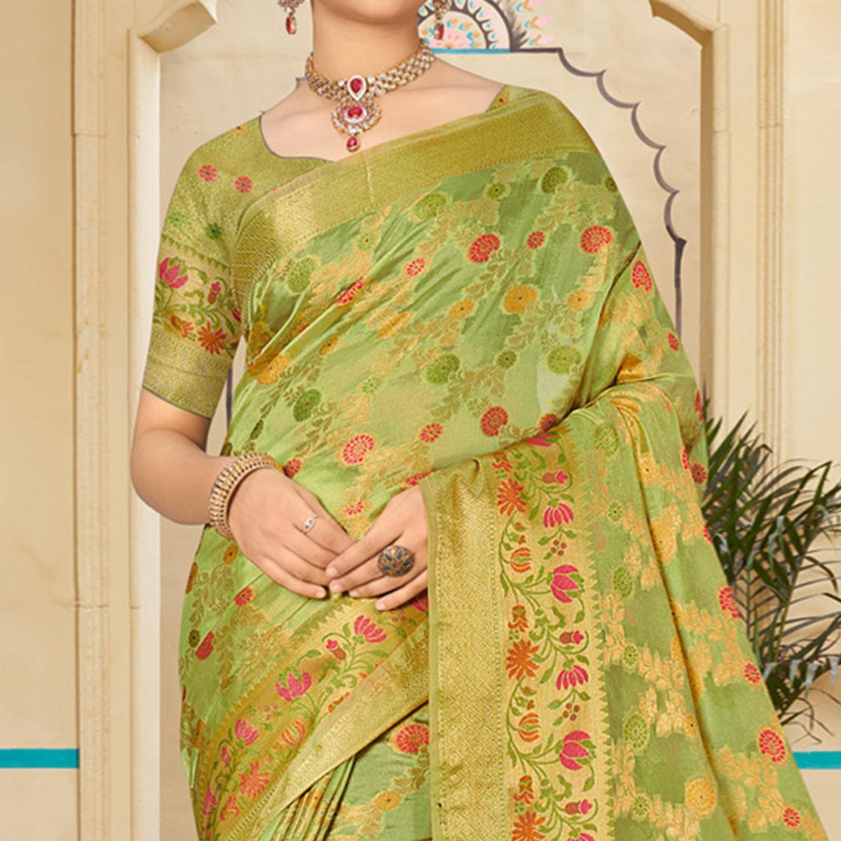 Green Woven Organza Saree - Peachmode
