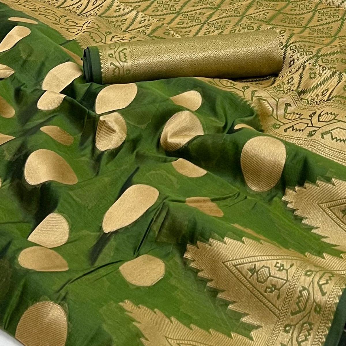 Green Woven Organza Saree - Peachmode