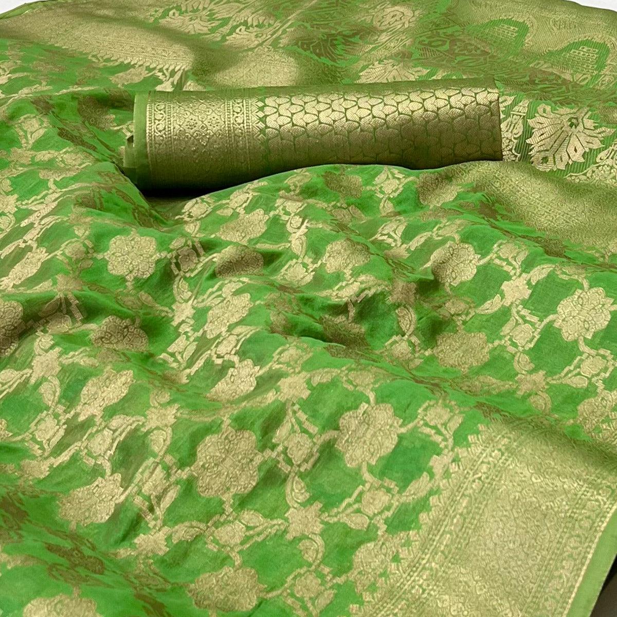 Green Woven Organza Saree - Peachmode