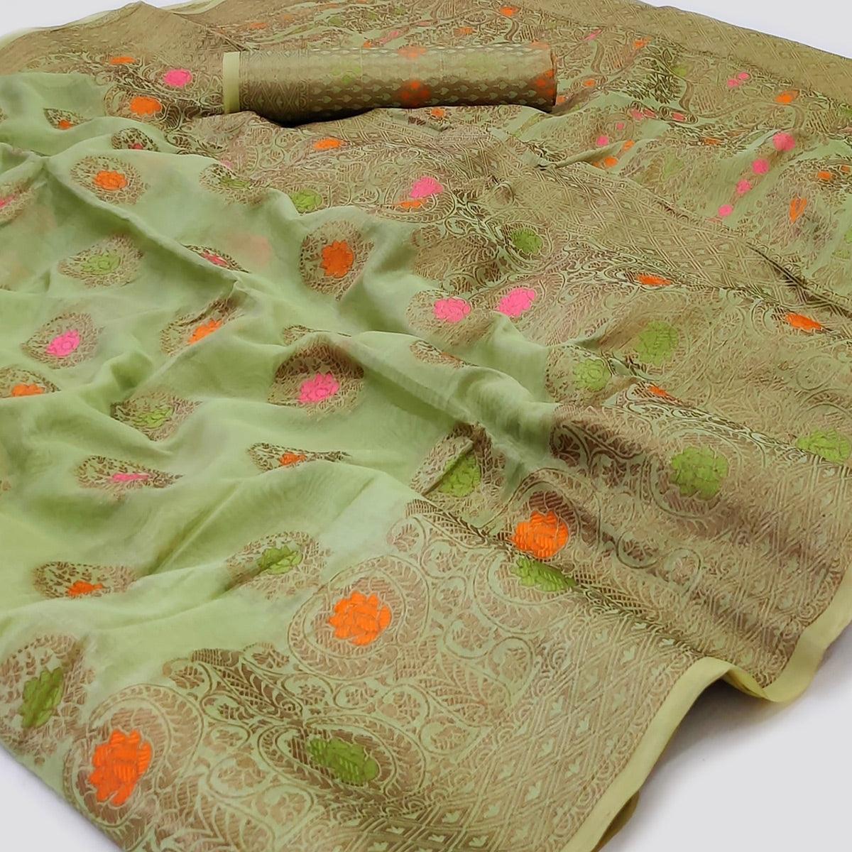 Green Woven Organza Saree - Peachmode