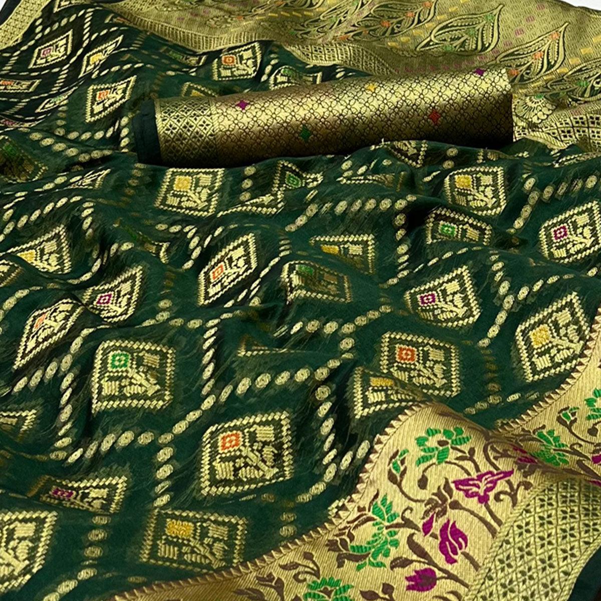 Green Woven Organza Saree - Peachmode