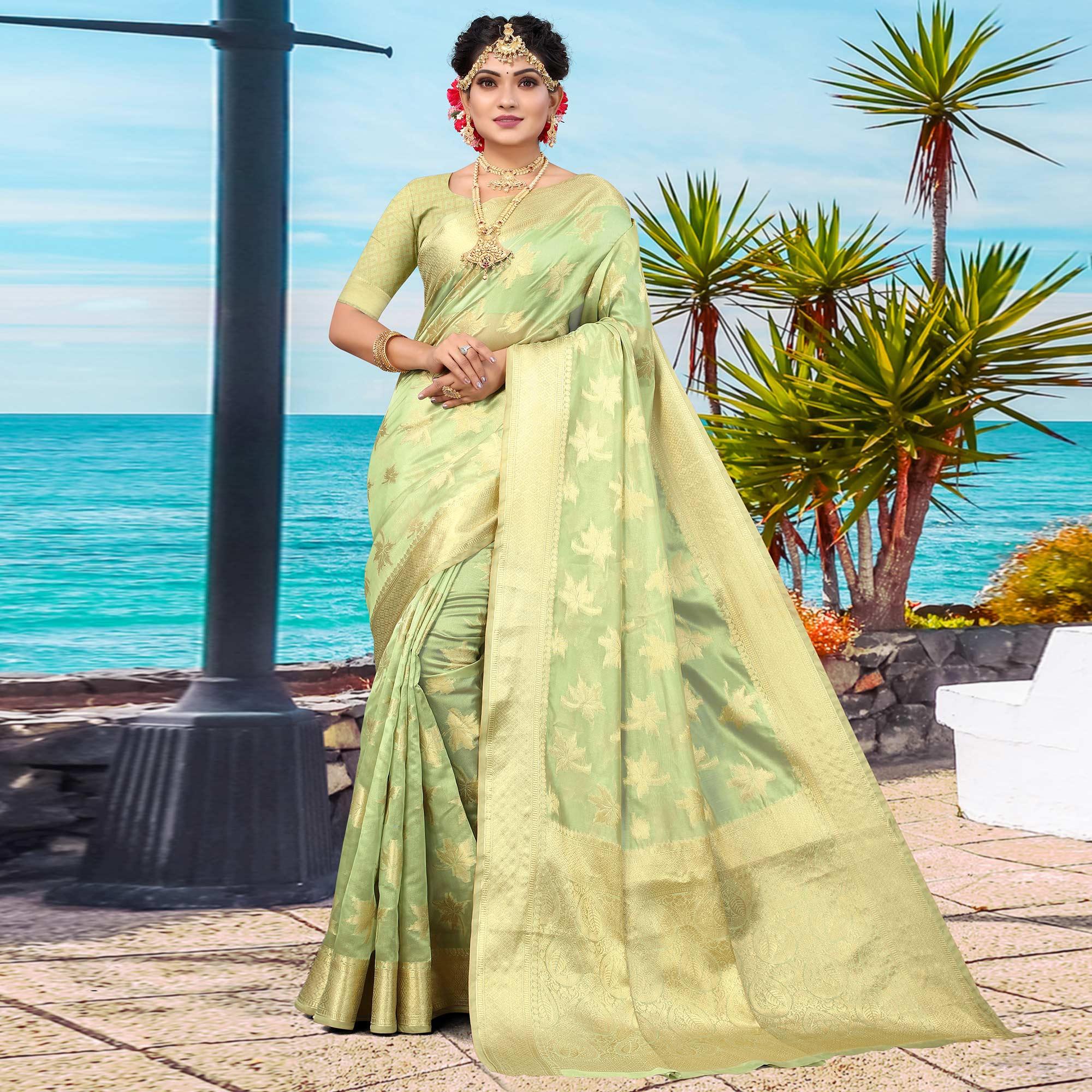 Green Woven Organza Saree - Peachmode