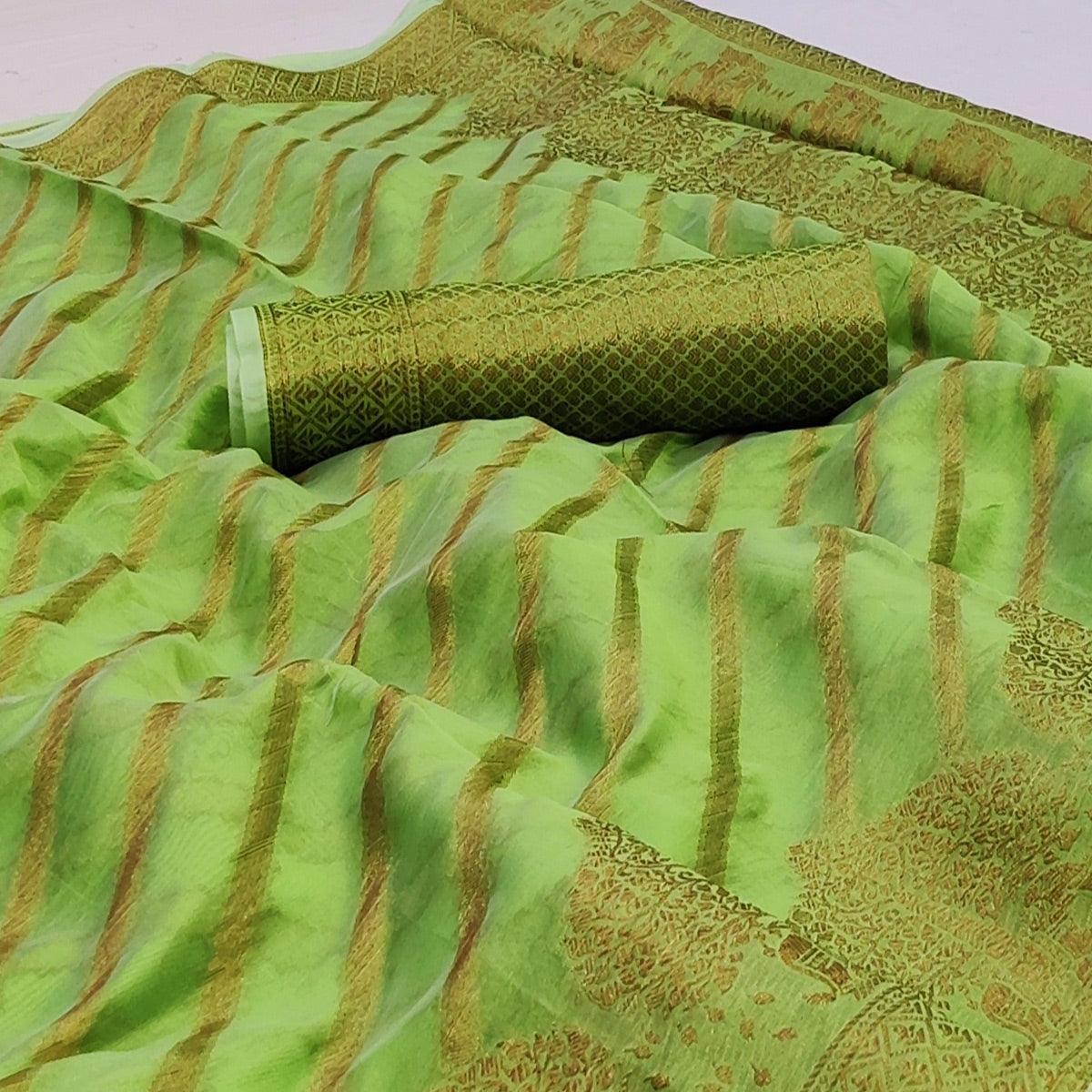 Green Woven Organza Saree - Peachmode