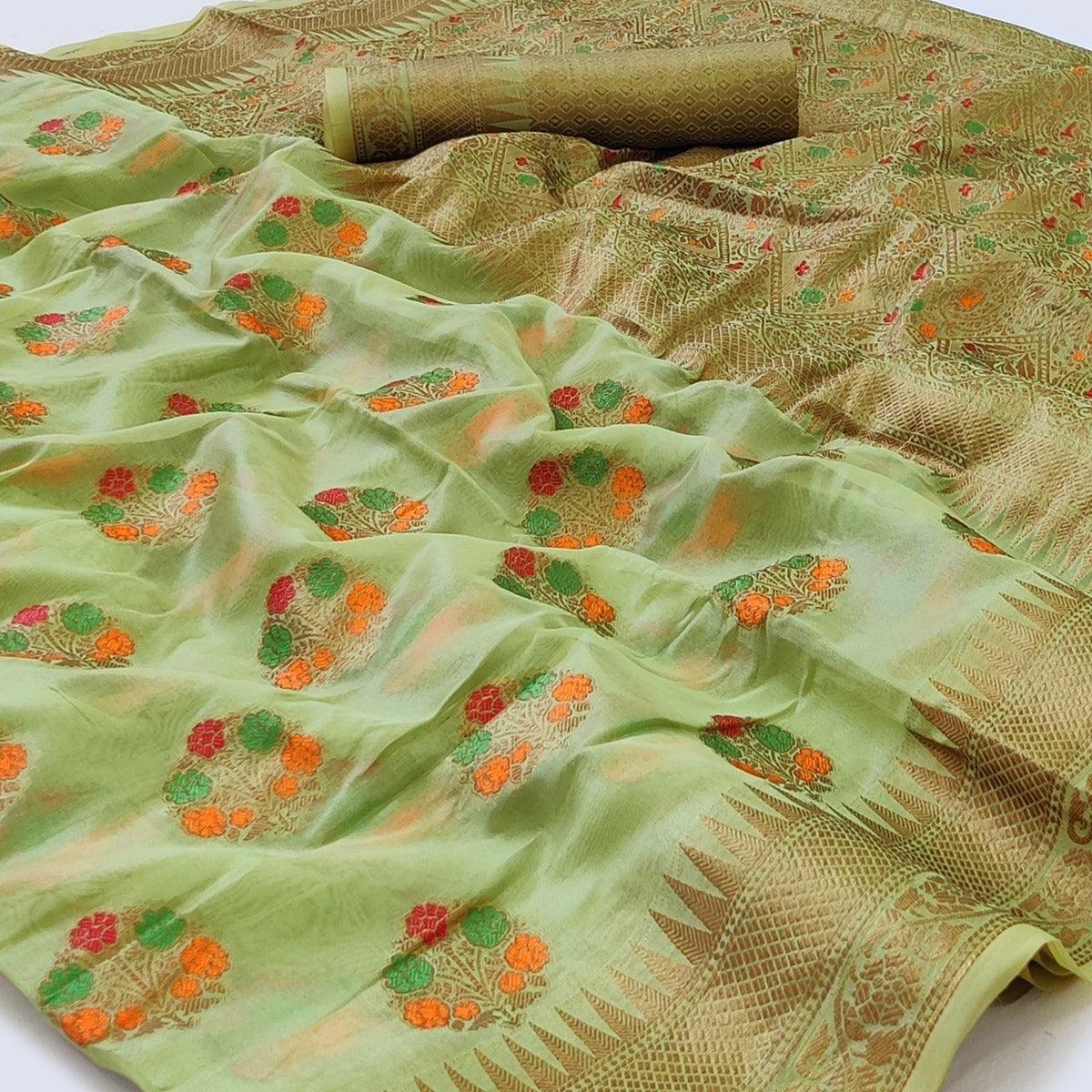 Green Woven Organza Saree - Peachmode