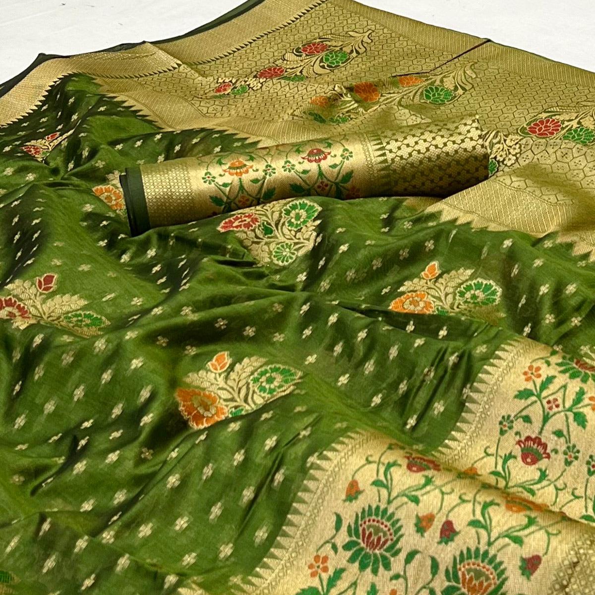 Green Woven Organza Saree - Peachmode