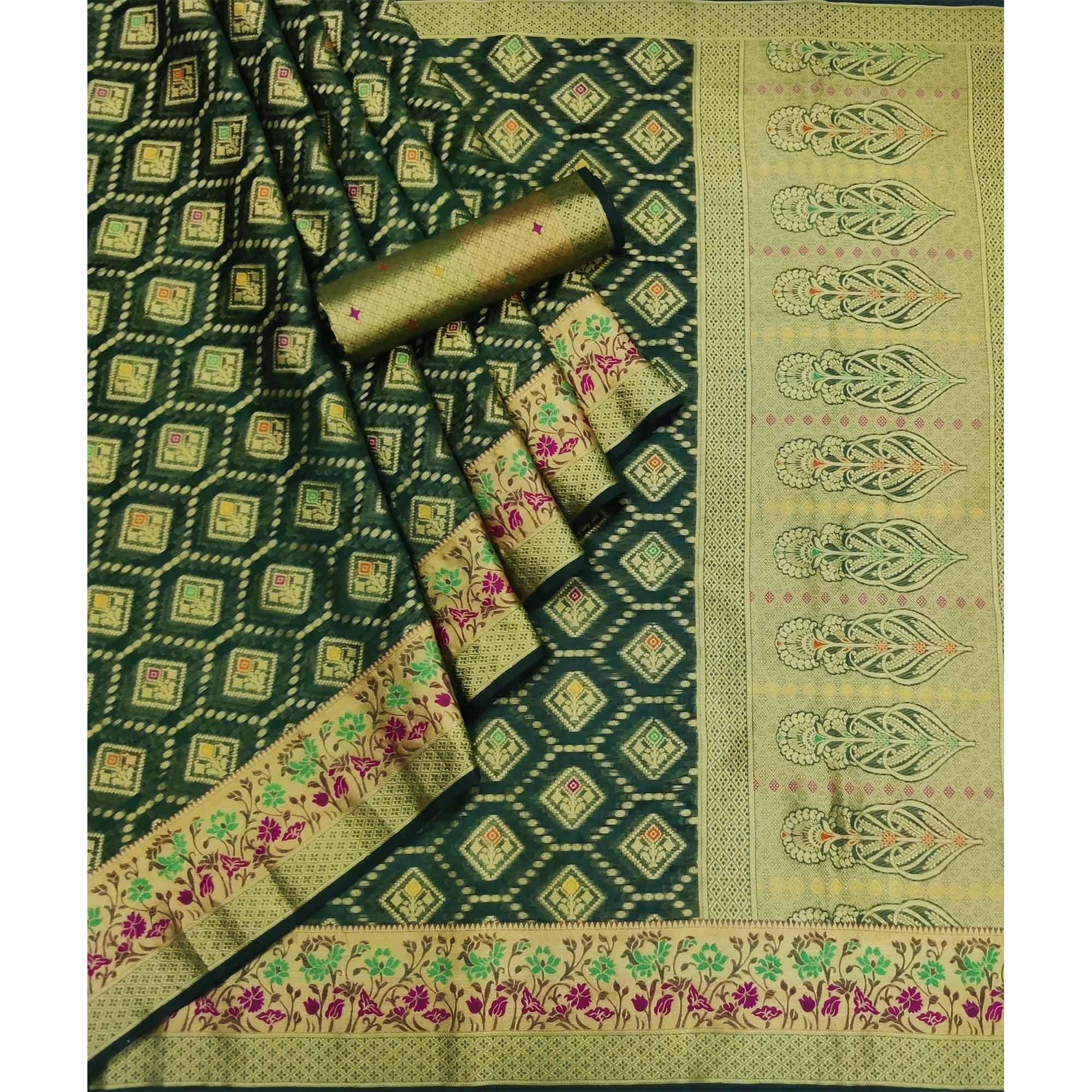 Green Woven Organza Saree - Peachmode