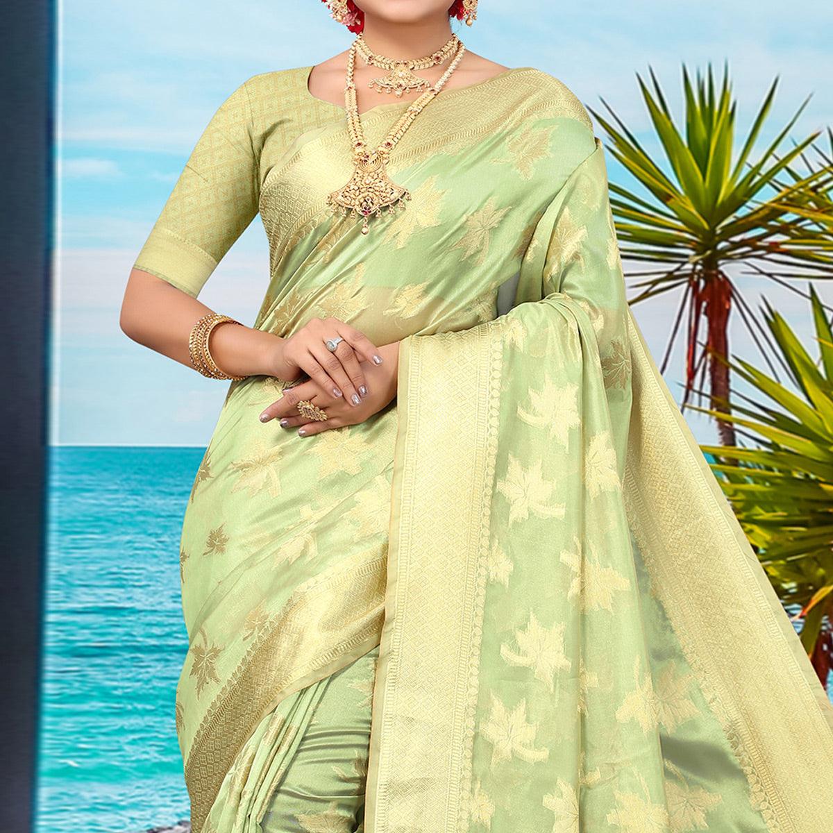 Green Woven Organza Saree - Peachmode