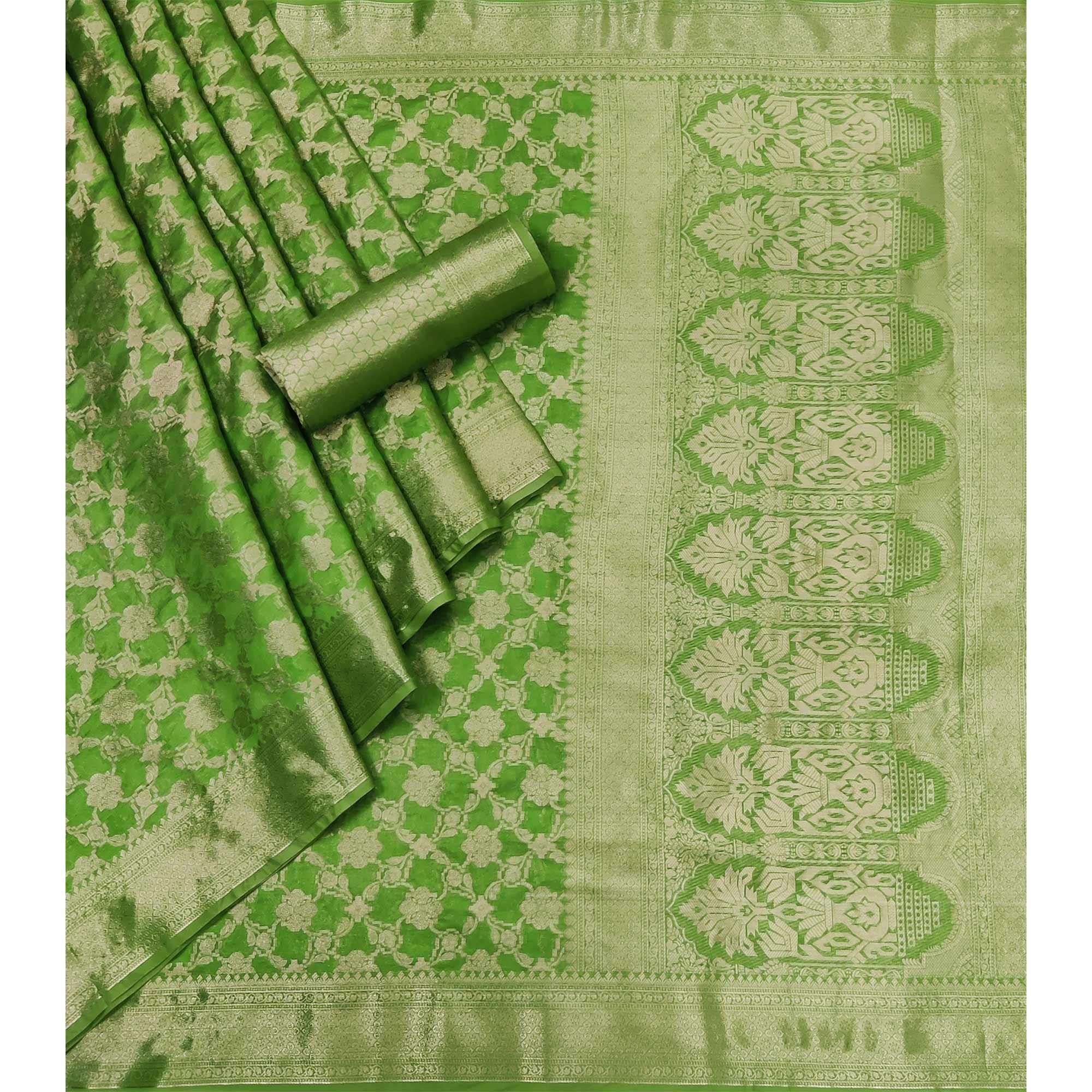 Green Woven Organza Saree - Peachmode