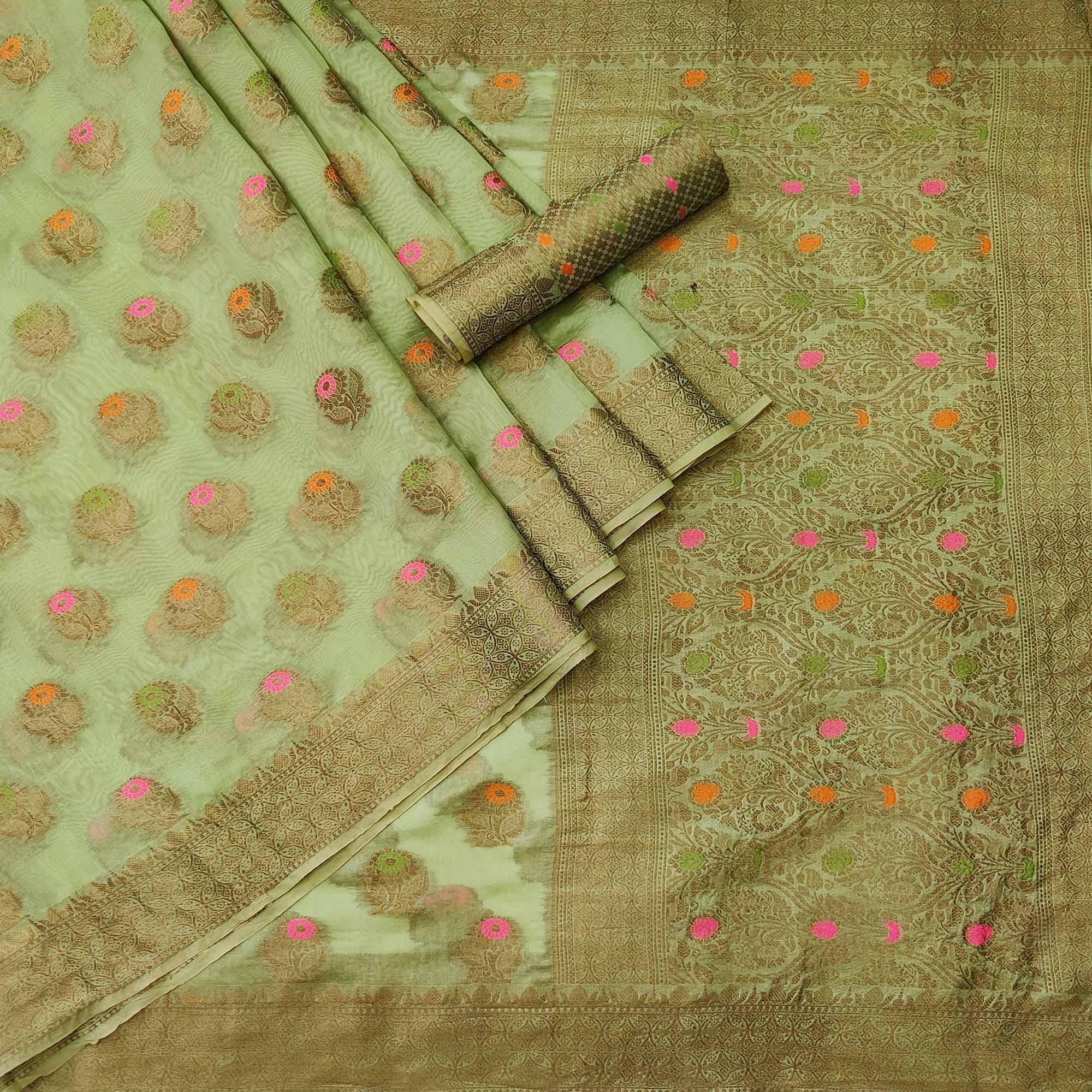 Green Woven Organza Saree - Peachmode