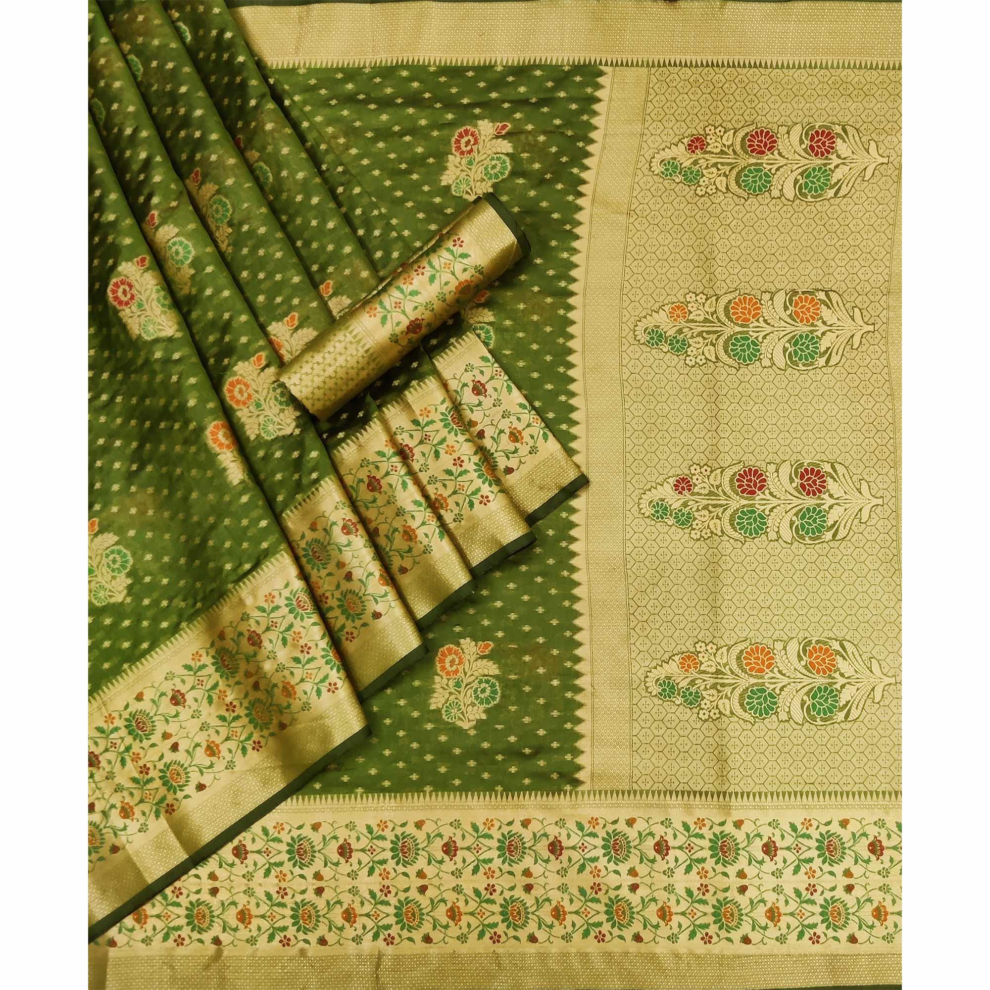 Green Woven Organza Saree - Peachmode