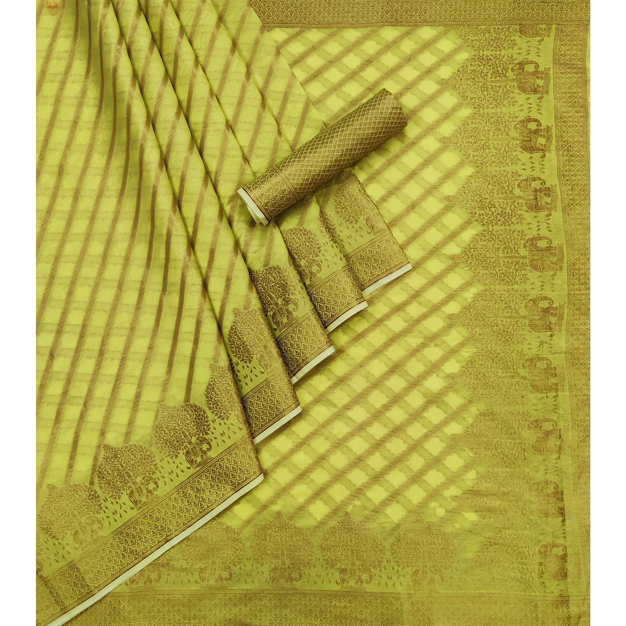 Green Woven Organza Saree - Peachmode