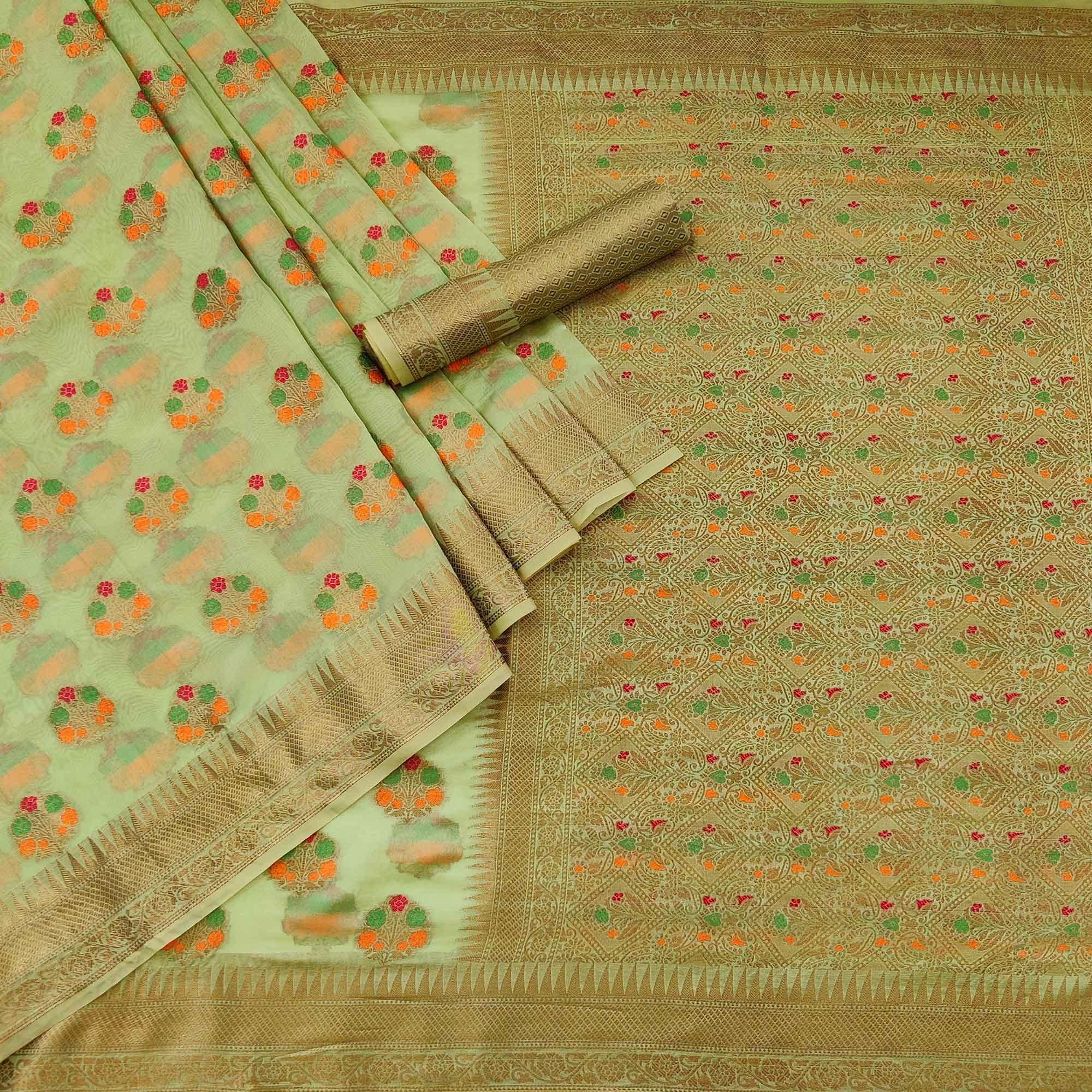 Green Woven Organza Saree - Peachmode