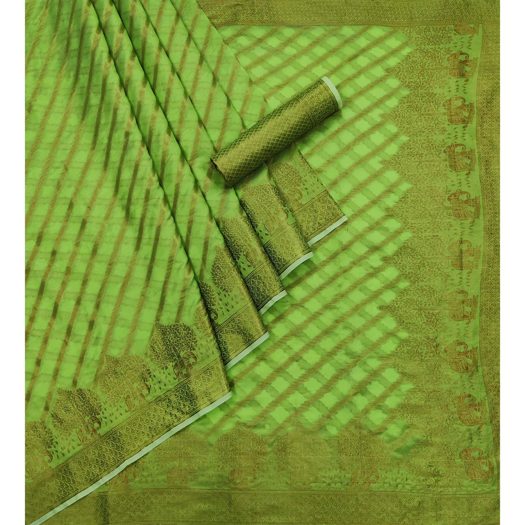 Green Woven Organza Saree - Peachmode