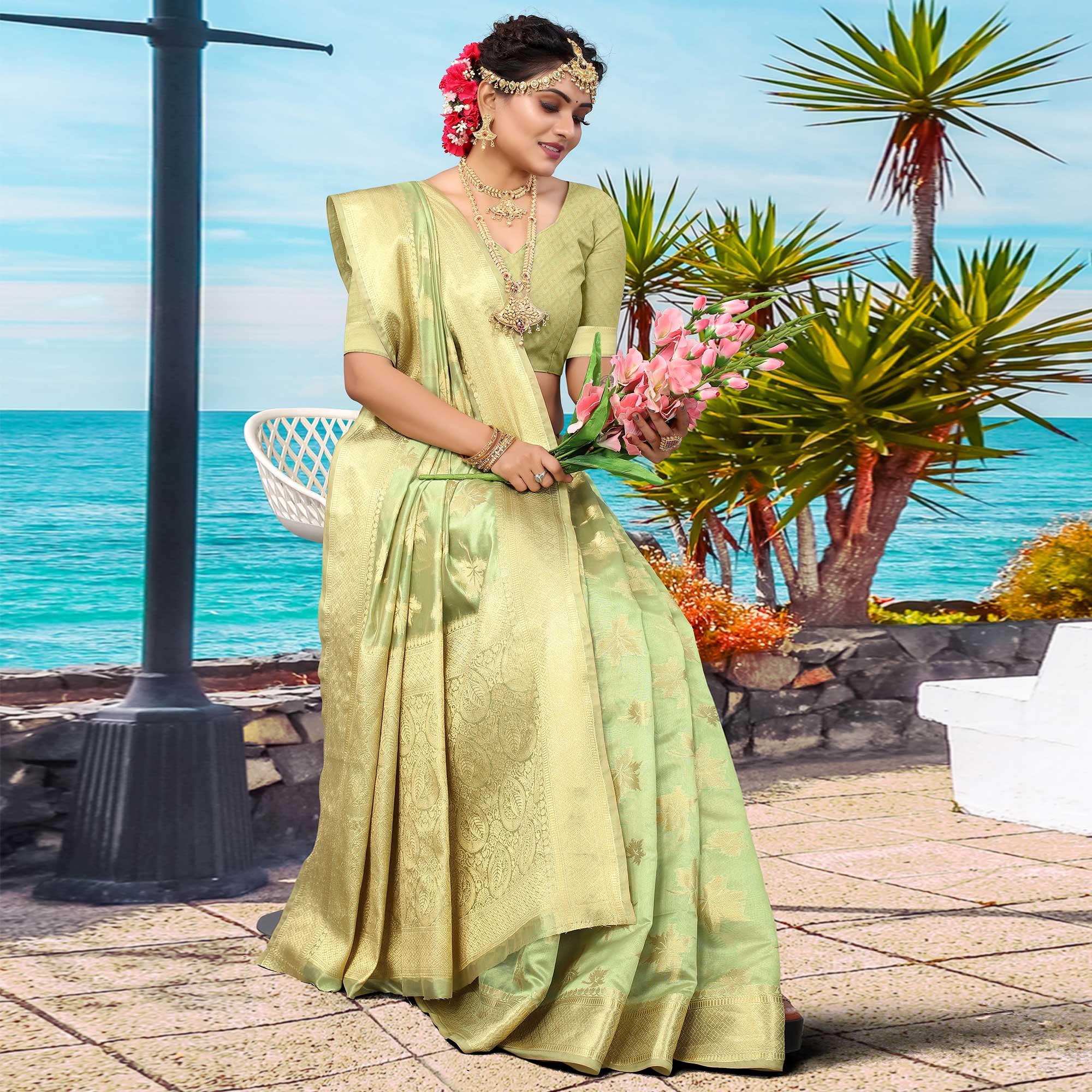 Green Woven Organza Saree - Peachmode