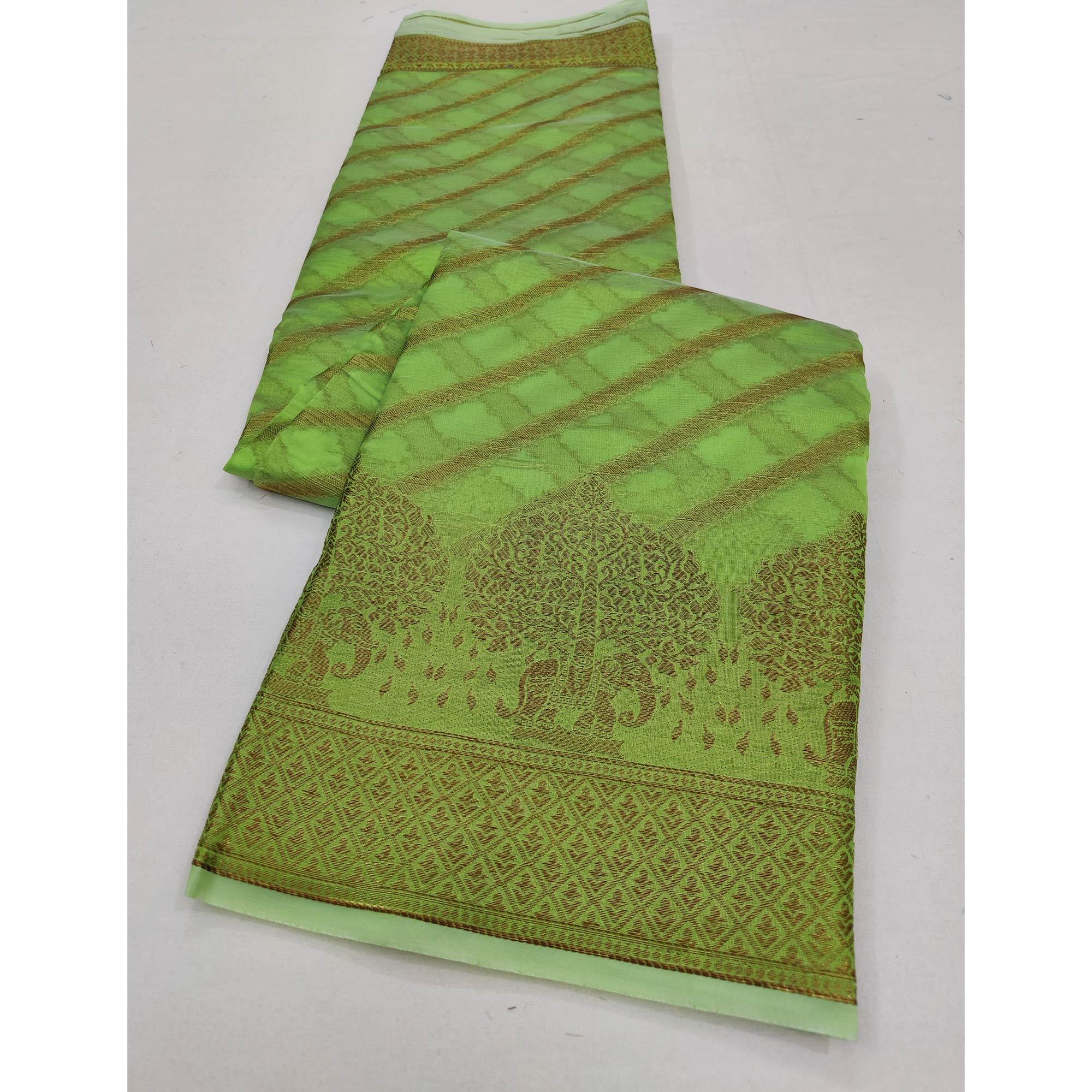 Green Woven Organza Saree - Peachmode