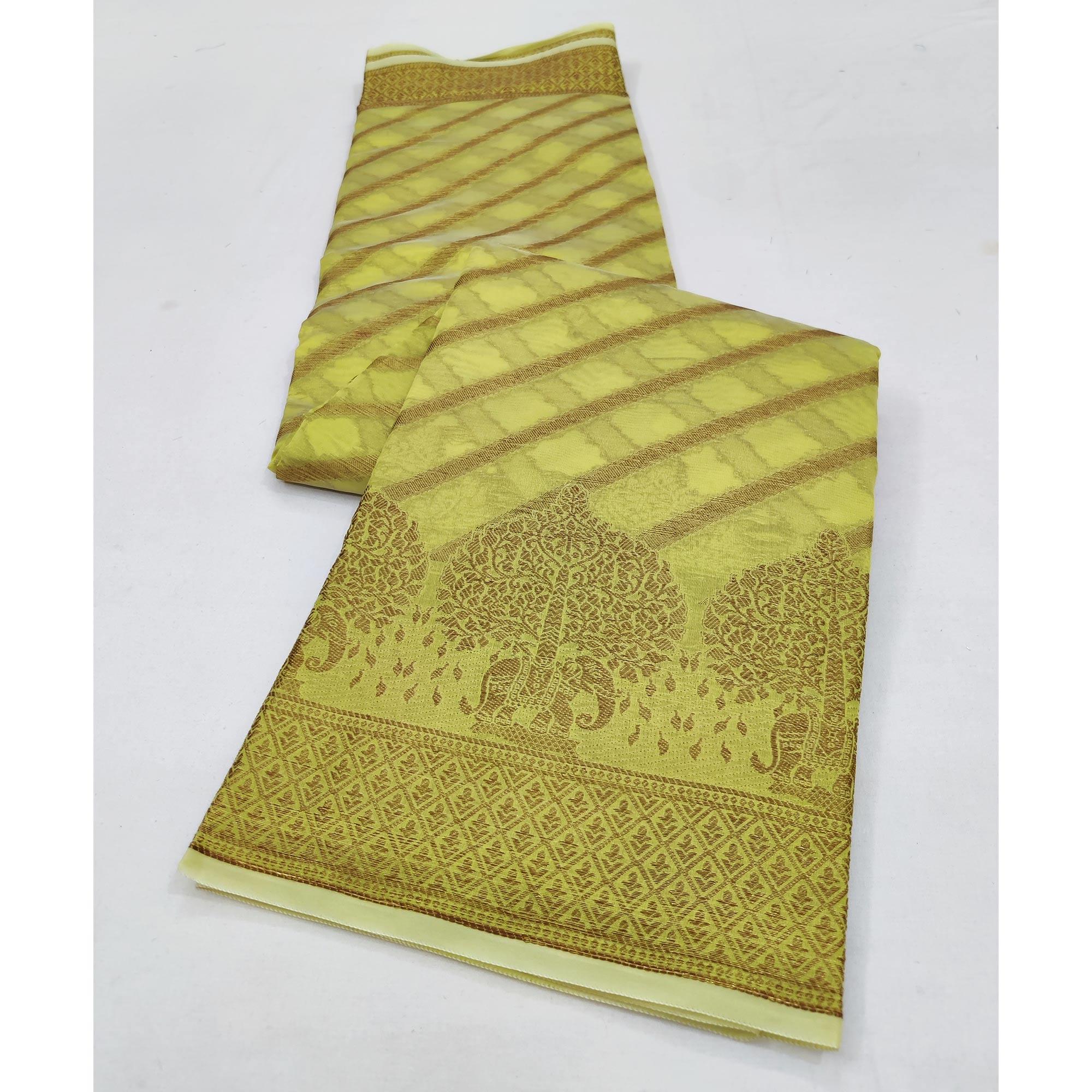 Green Woven Organza Saree - Peachmode