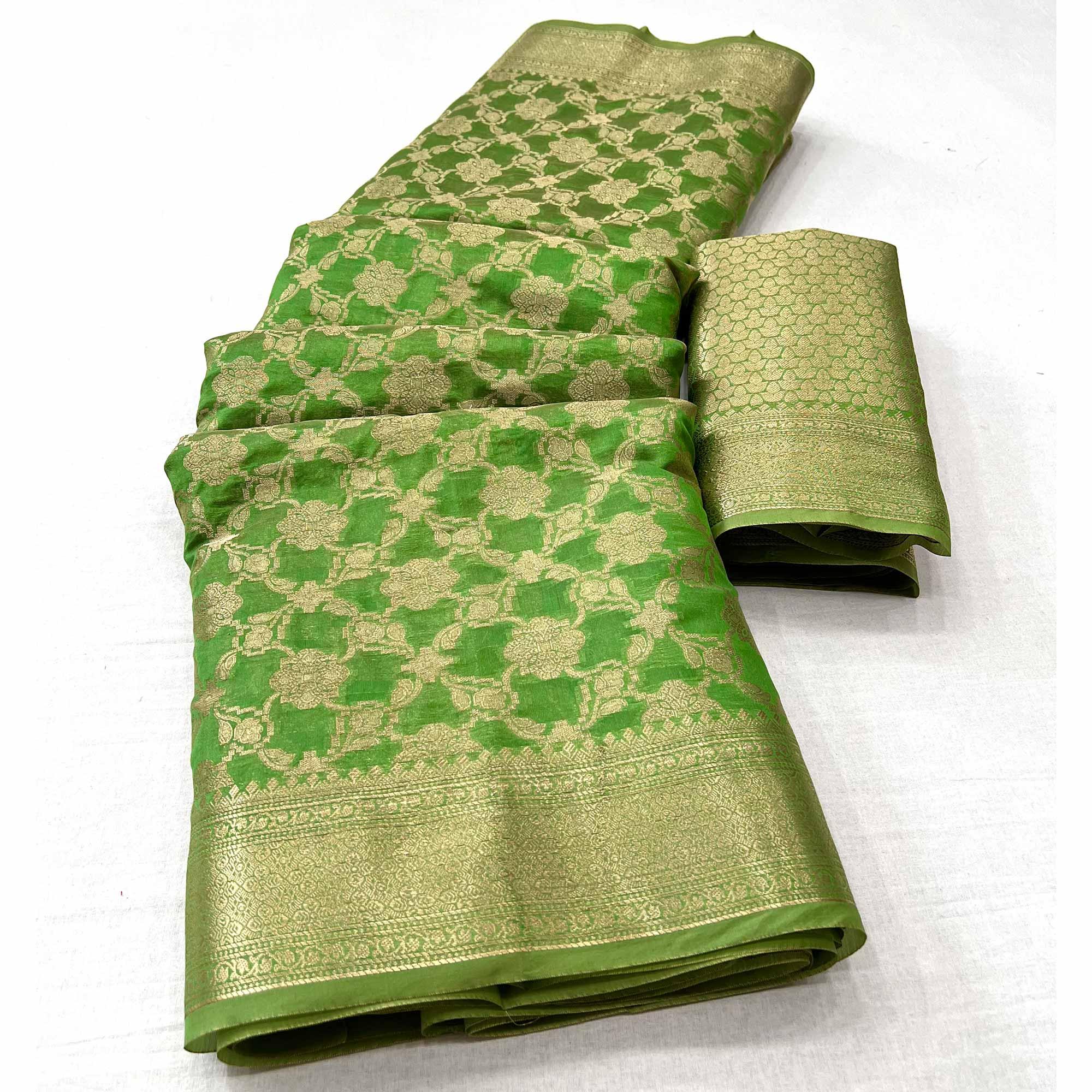 Green Woven Organza Saree - Peachmode