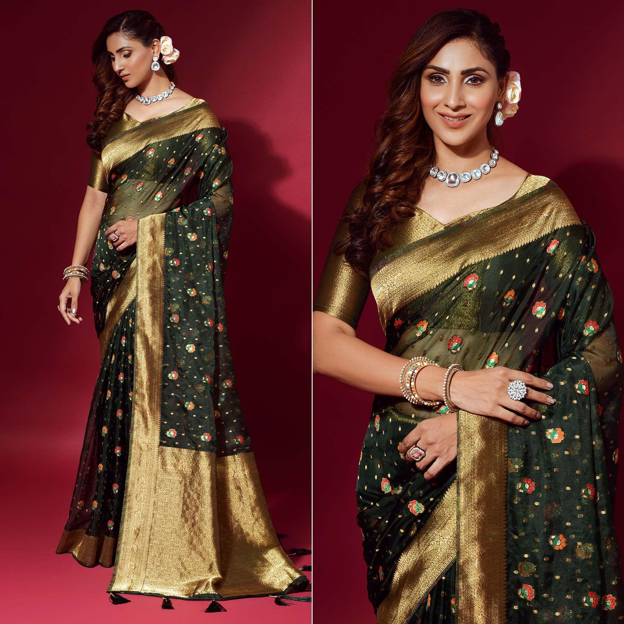 Green Woven Organza Saree With Tassels - Peachmode