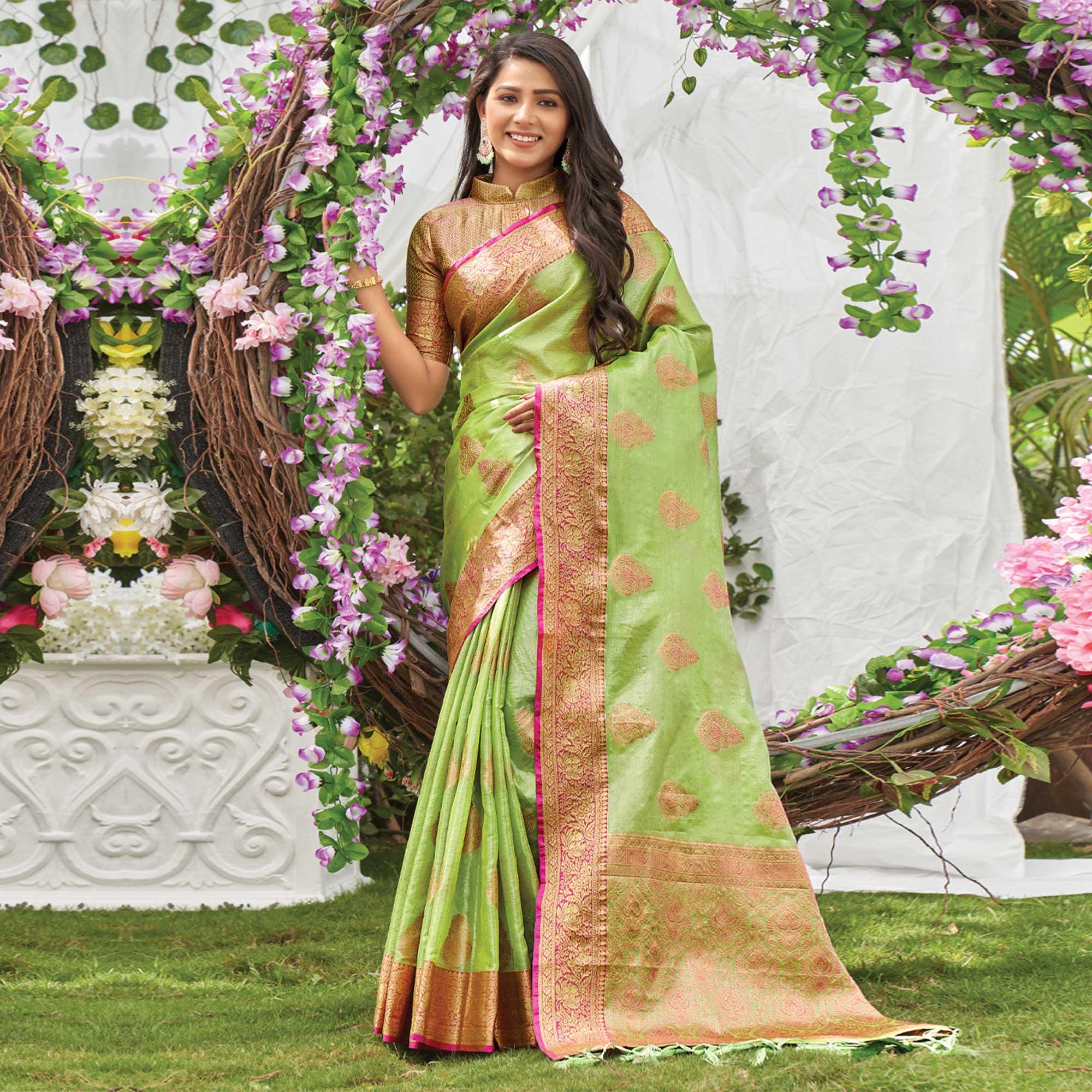 Green Woven Organza Saree with Tassels - Peachmode