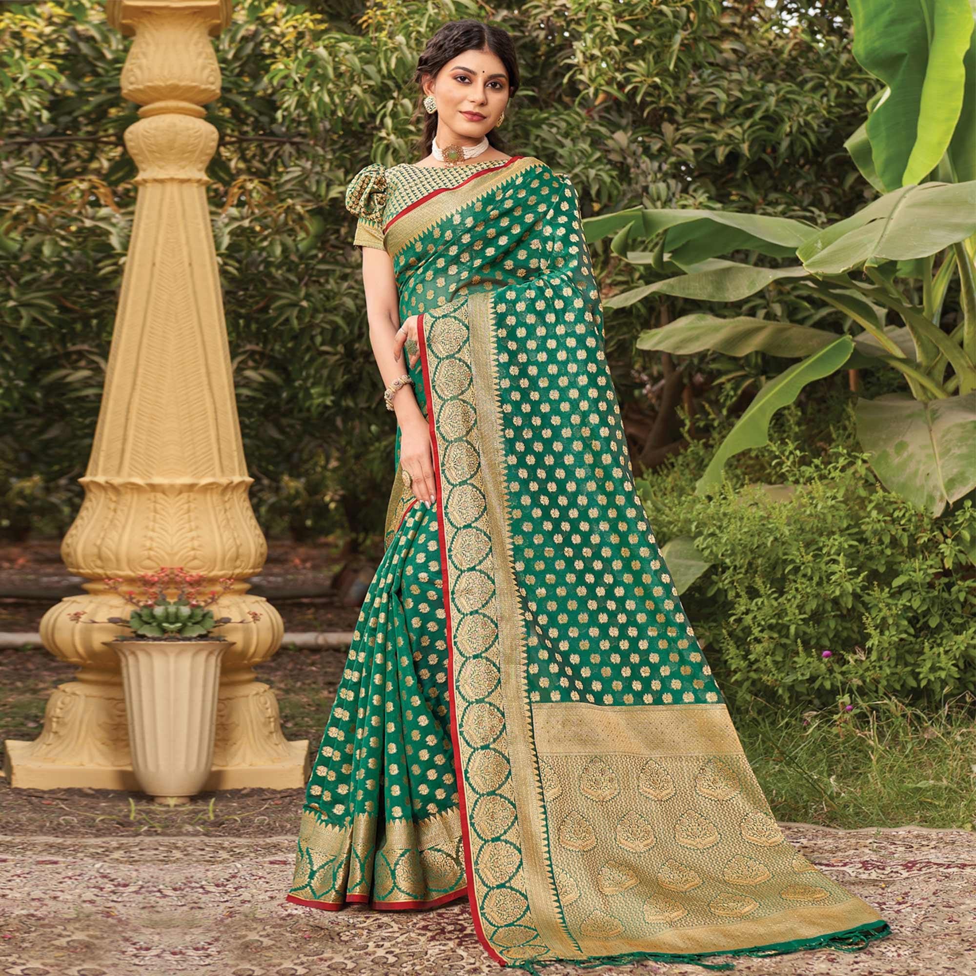Green Woven Organza Saree with Tassels - Peachmode