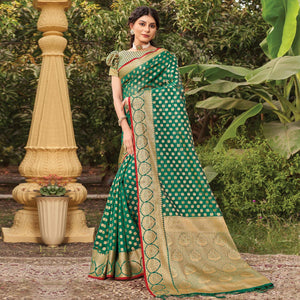 Green Woven Organza Saree with Tassels - Peachmode