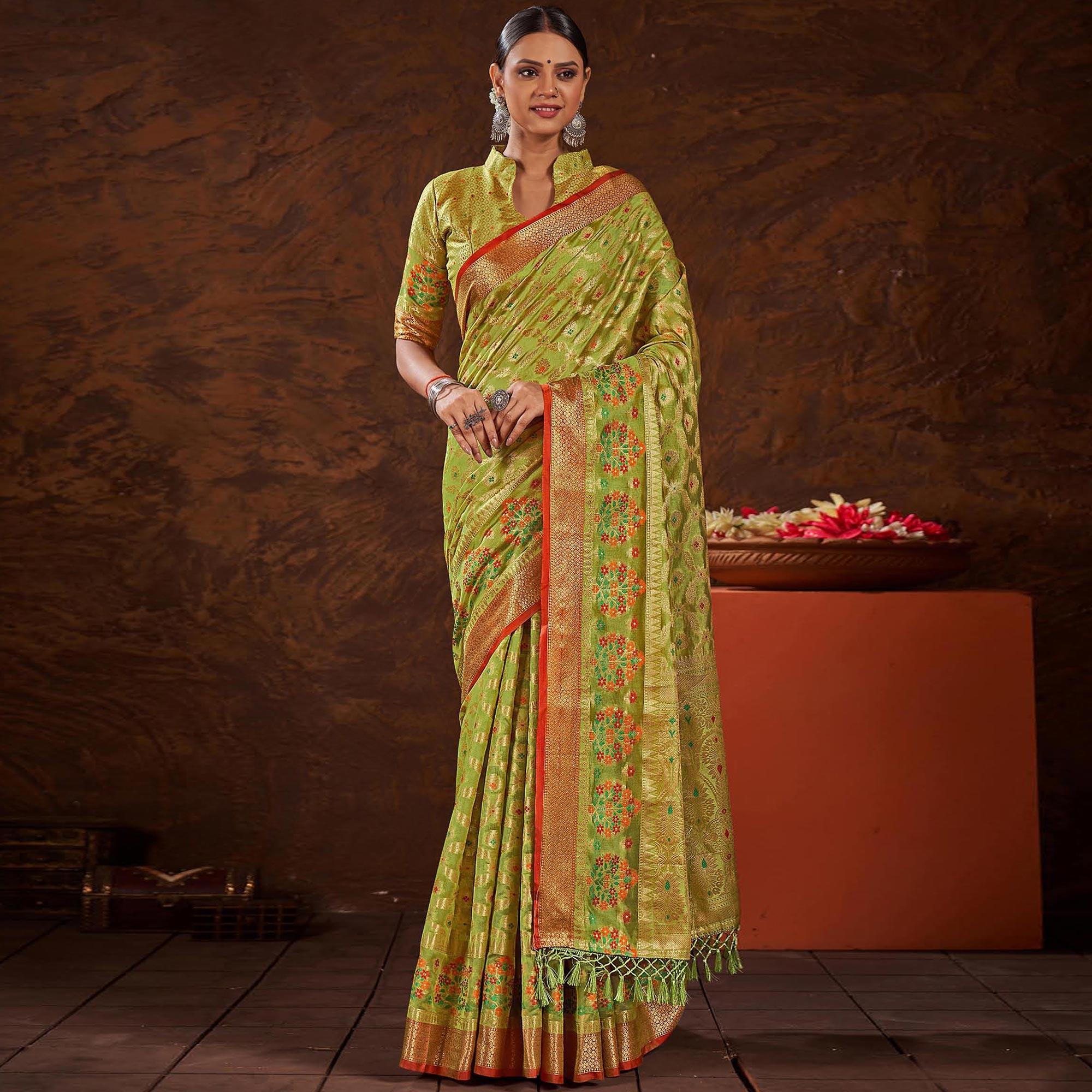 Green Woven Organza Saree With Tassels - Peachmode