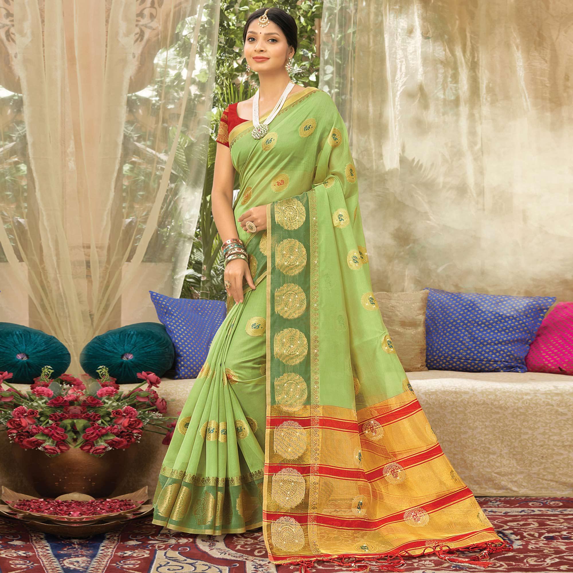 Green Woven Organza Saree With Tassels - Peachmode