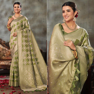 Green Woven Organza Saree With Tassels - Peachmode