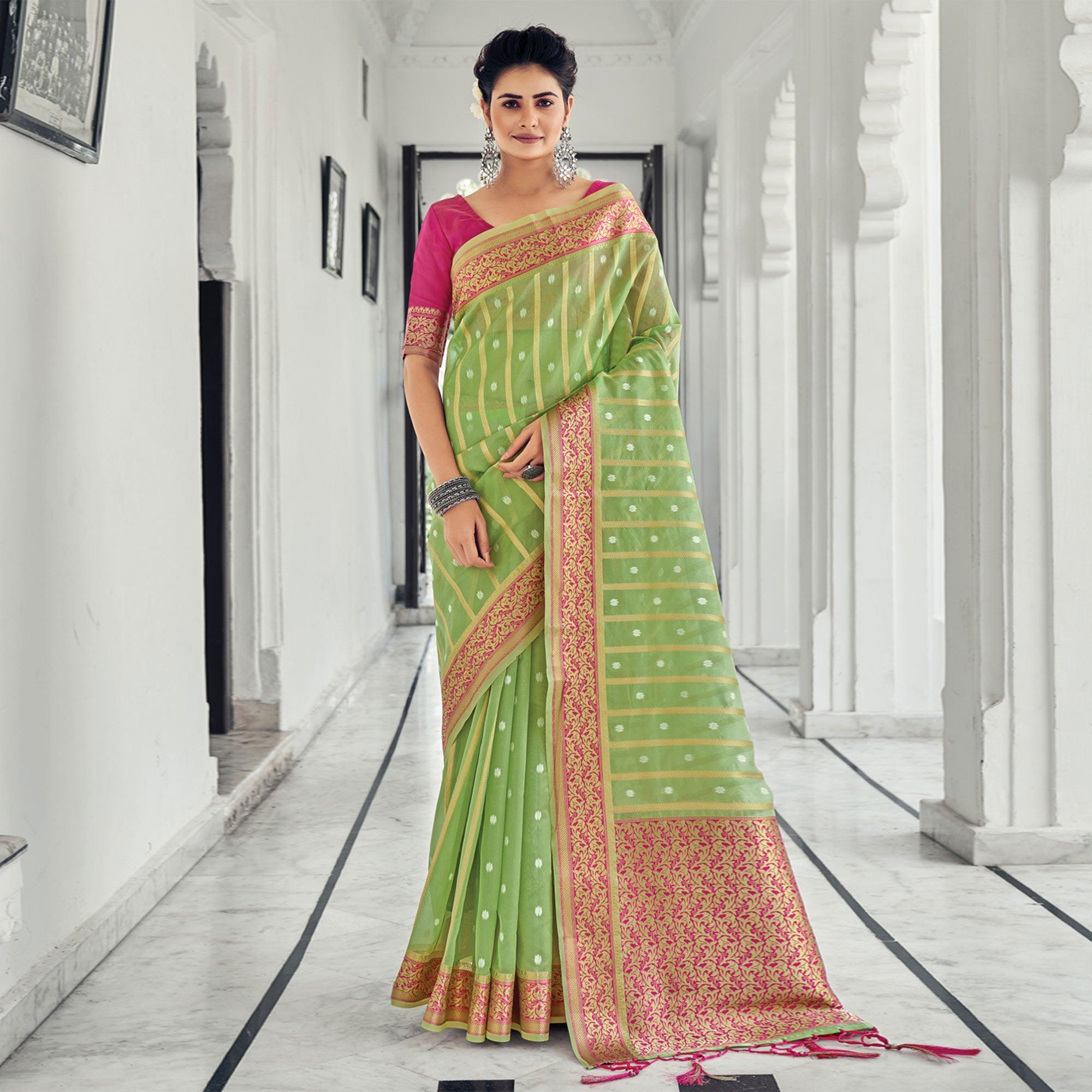Green Woven Organza Saree With Tassels - Peachmode