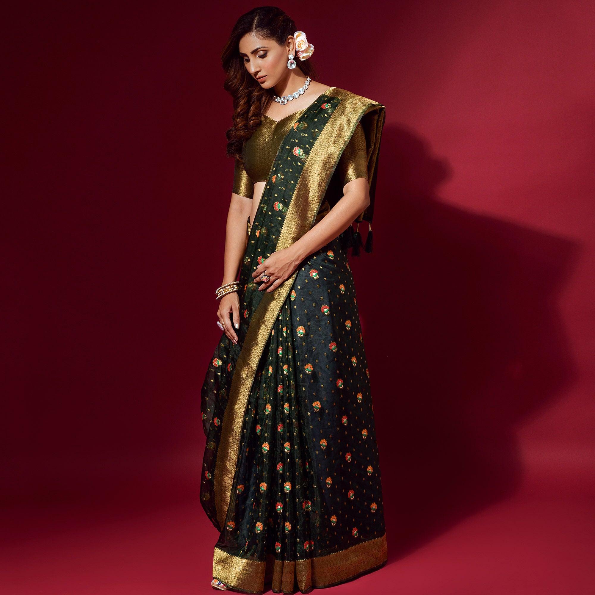 Green Woven Organza Saree With Tassels - Peachmode