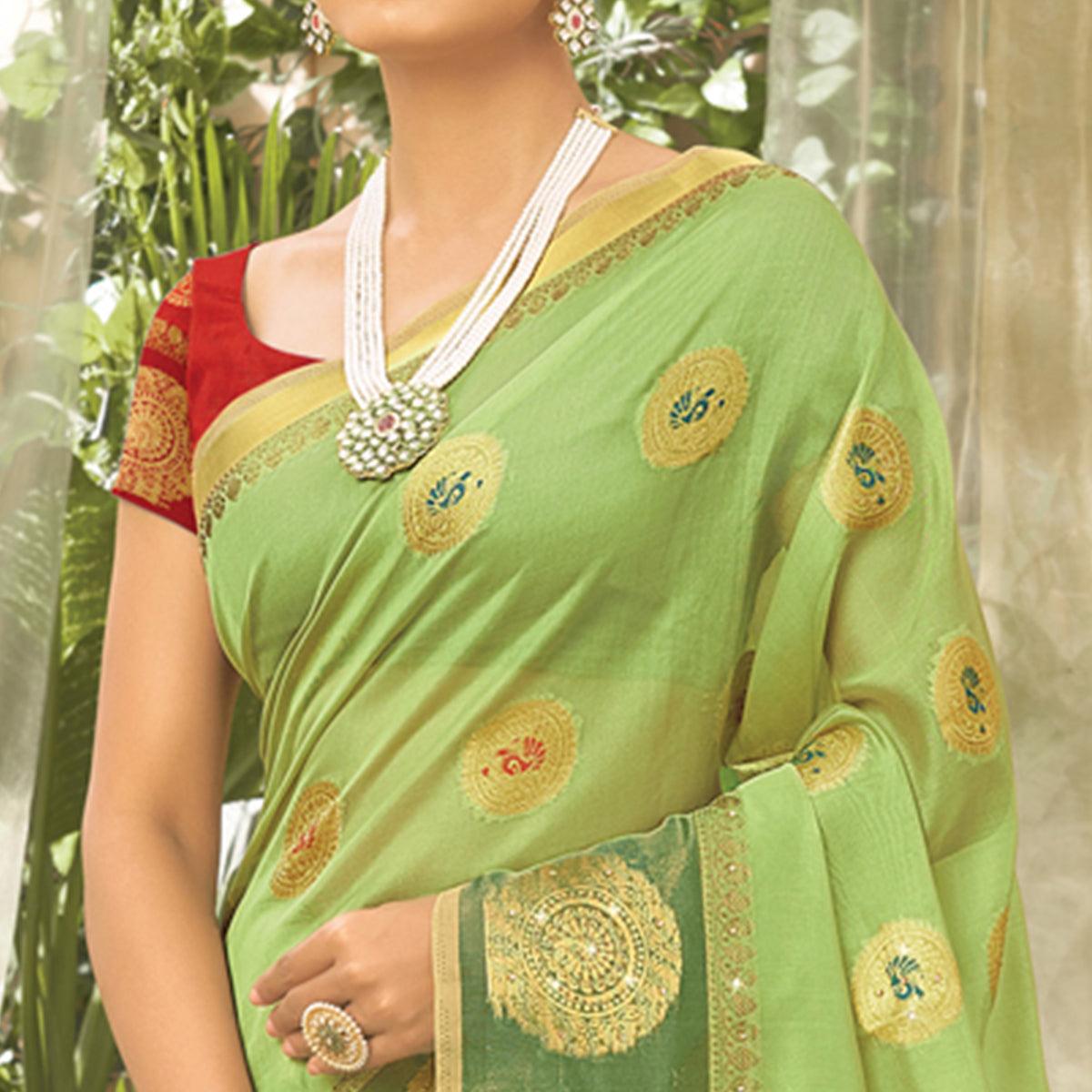 Green Woven Organza Saree With Tassels - Peachmode
