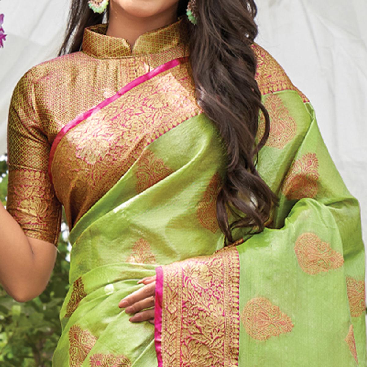 Green Woven Organza Saree with Tassels - Peachmode