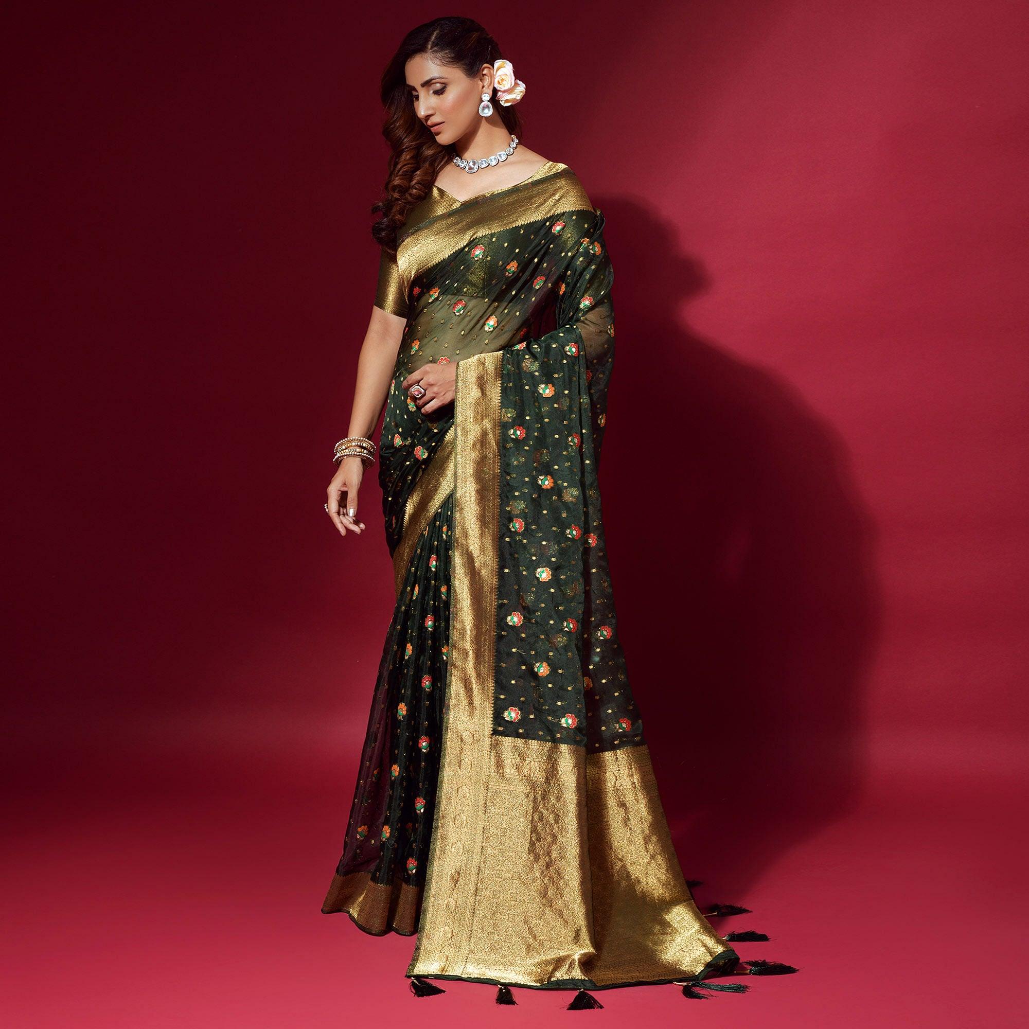 Green Woven Organza Saree With Tassels - Peachmode