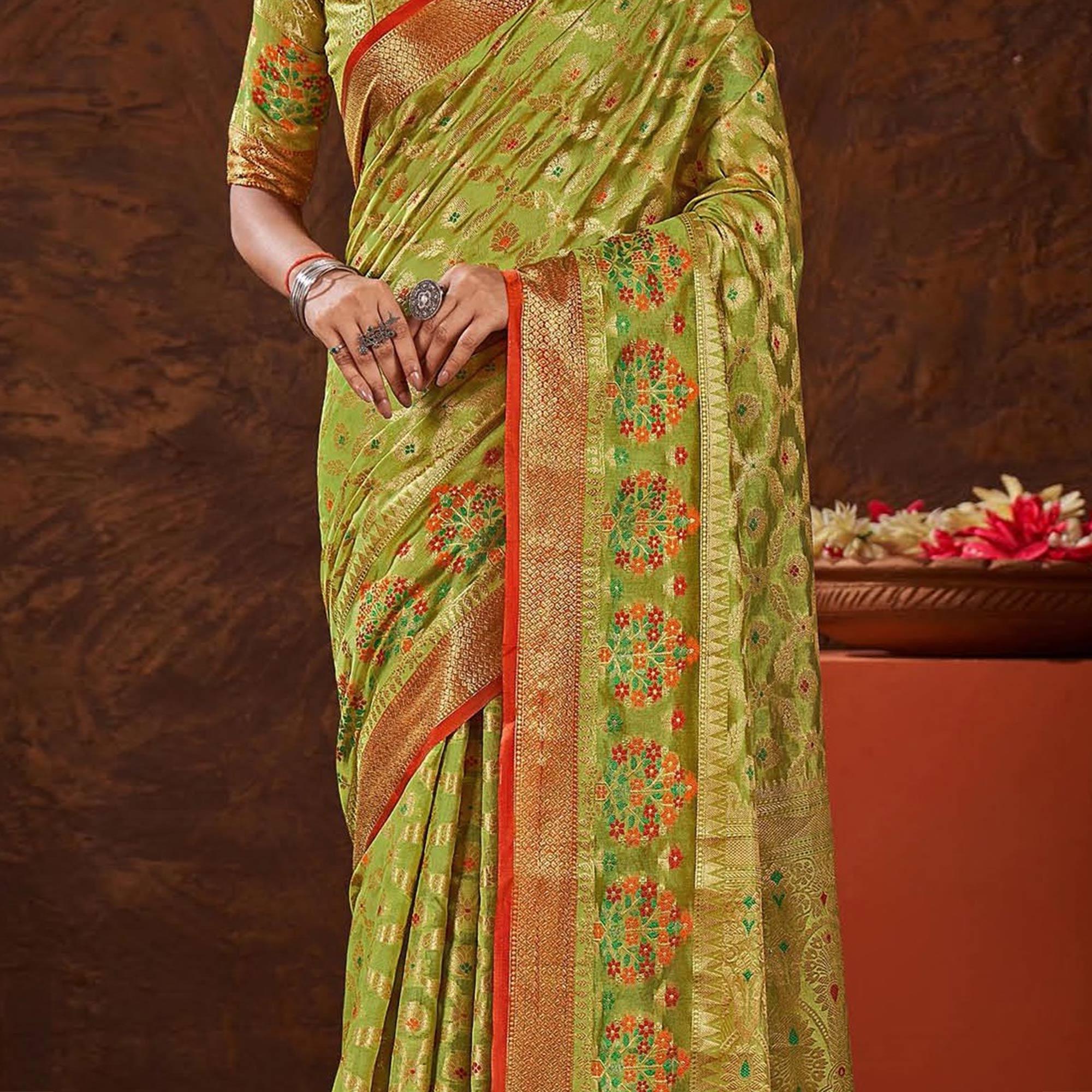 Green Woven Organza Saree With Tassels - Peachmode