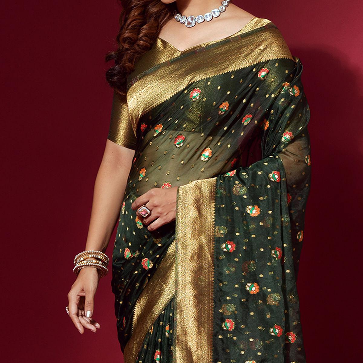 Green Woven Organza Saree With Tassels - Peachmode
