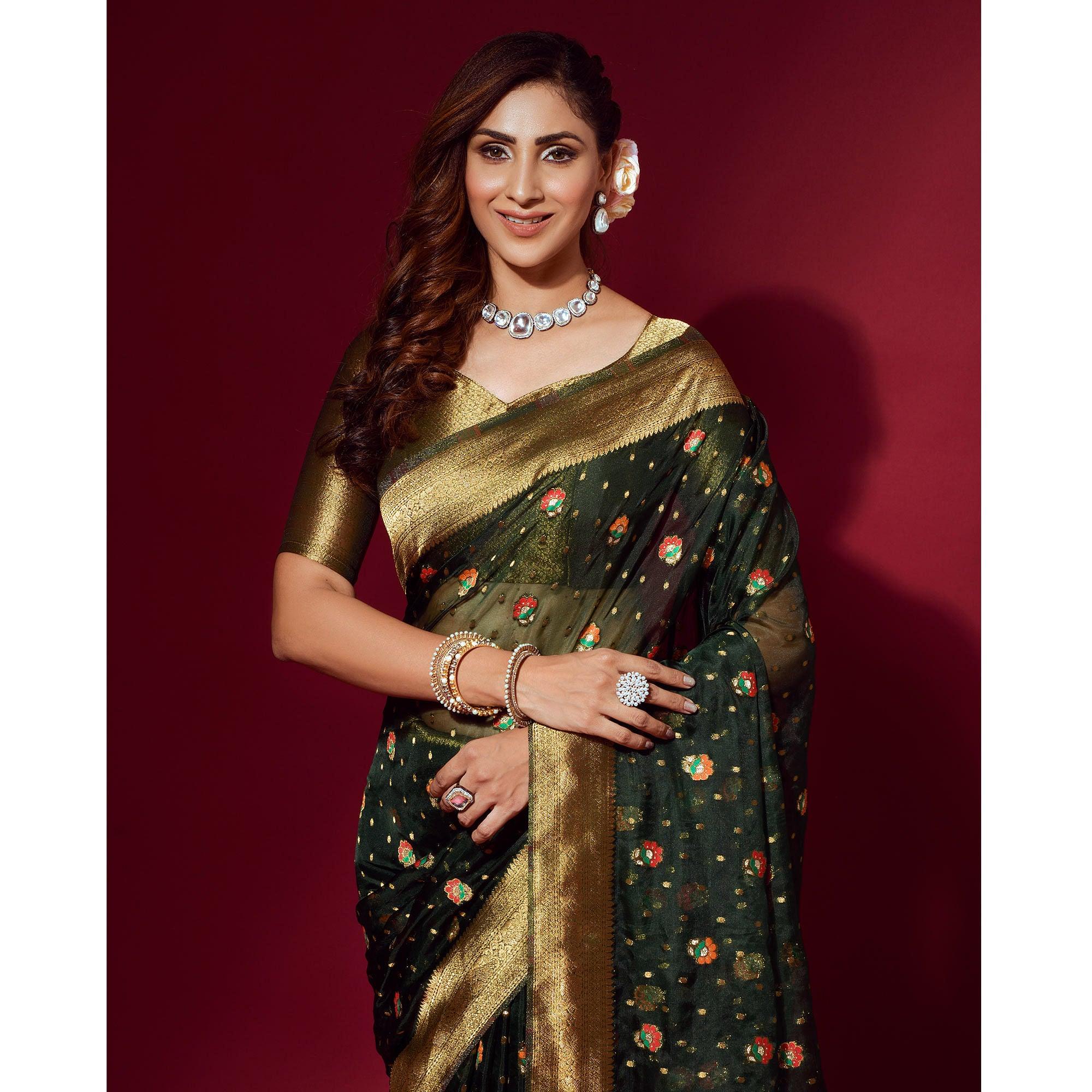 Green Woven Organza Saree With Tassels - Peachmode