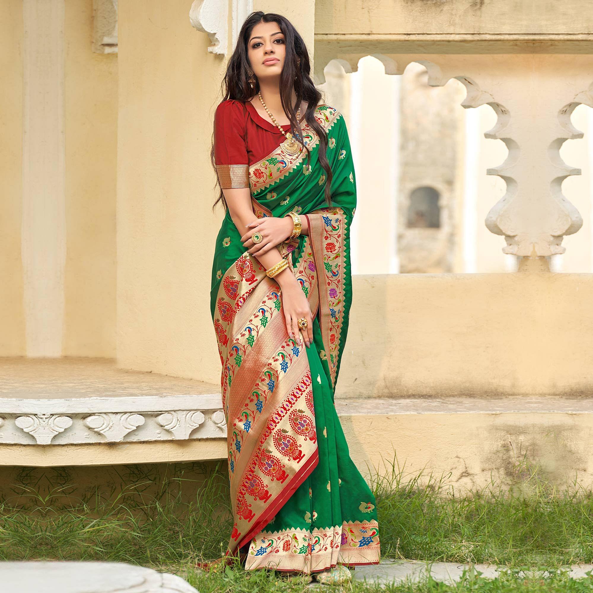 Green Woven Paithani Saree - Peachmode