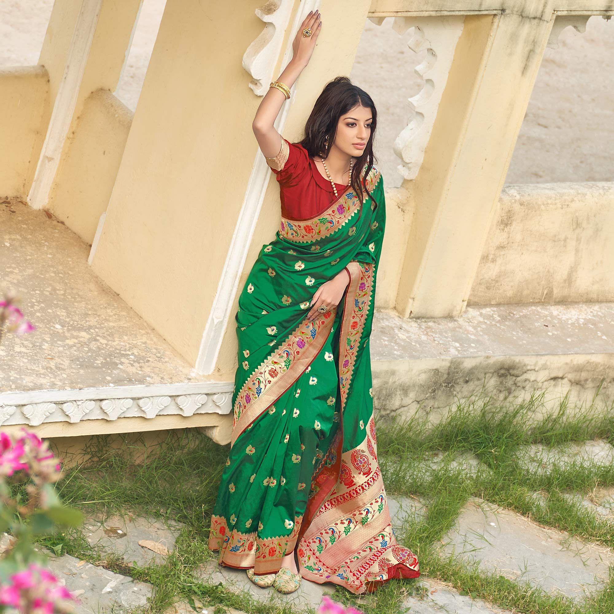 Green Woven Paithani Saree - Peachmode