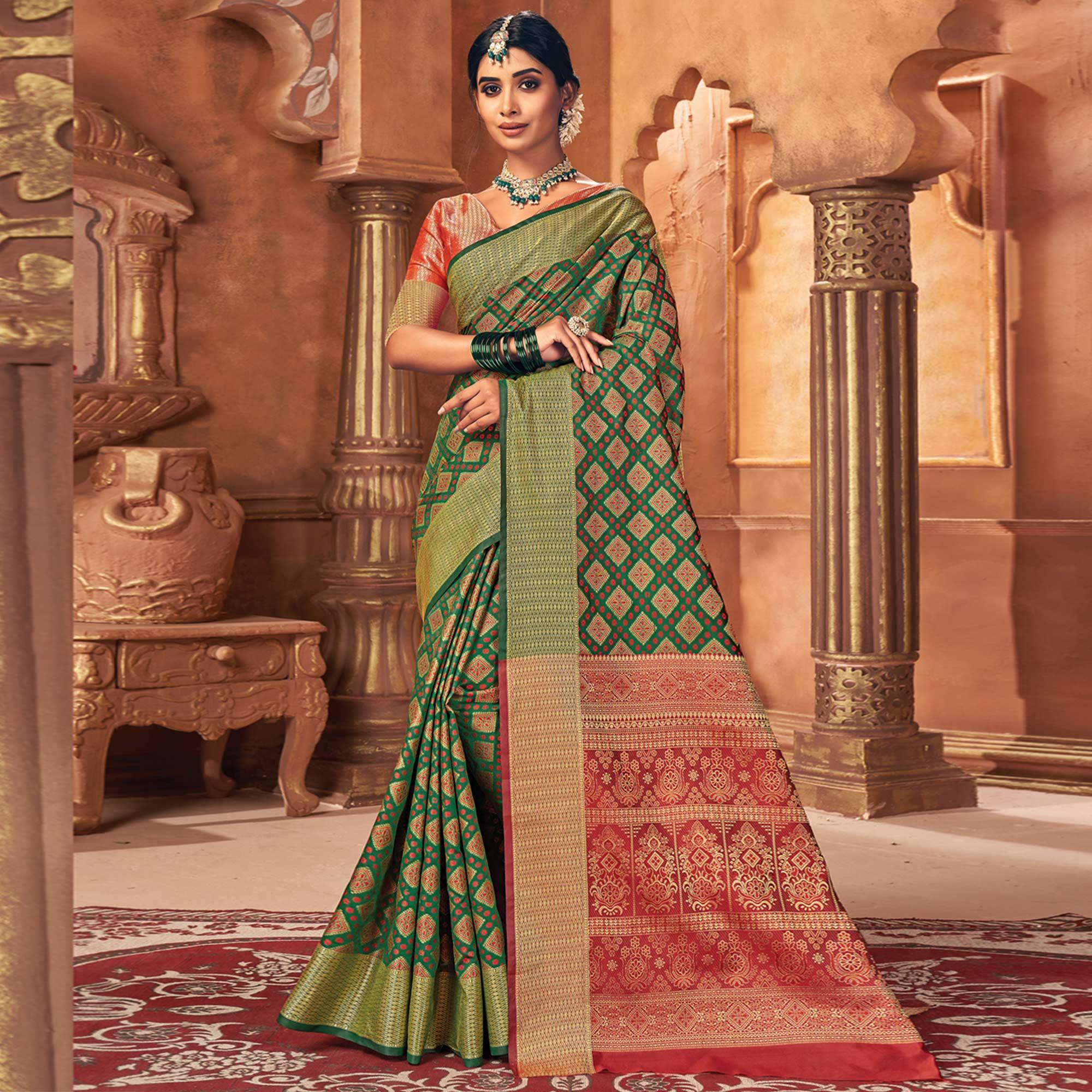 Green Woven Patola Art Silk Saree - Peachmode