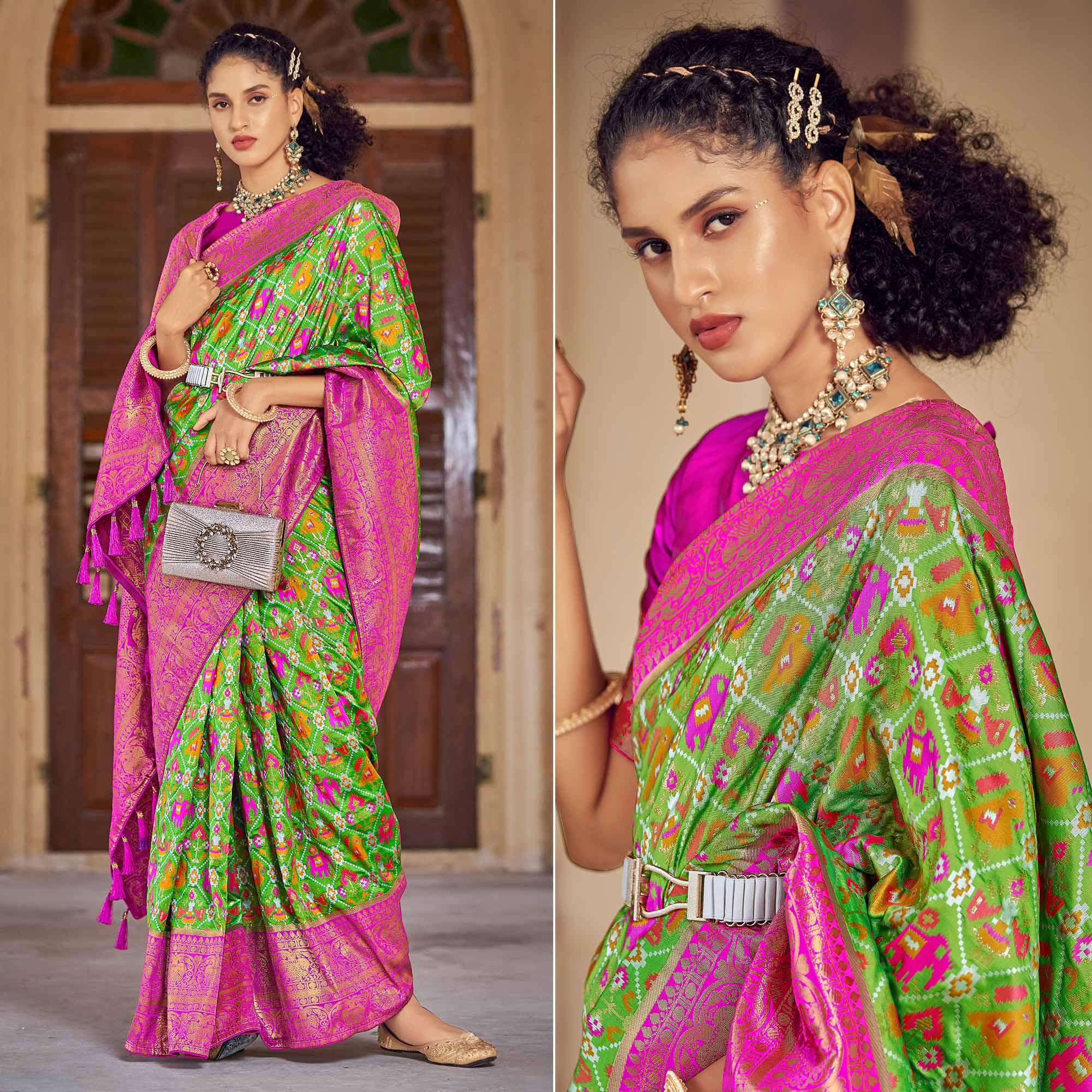 Green Woven Patola Art Silk Saree - Peachmode