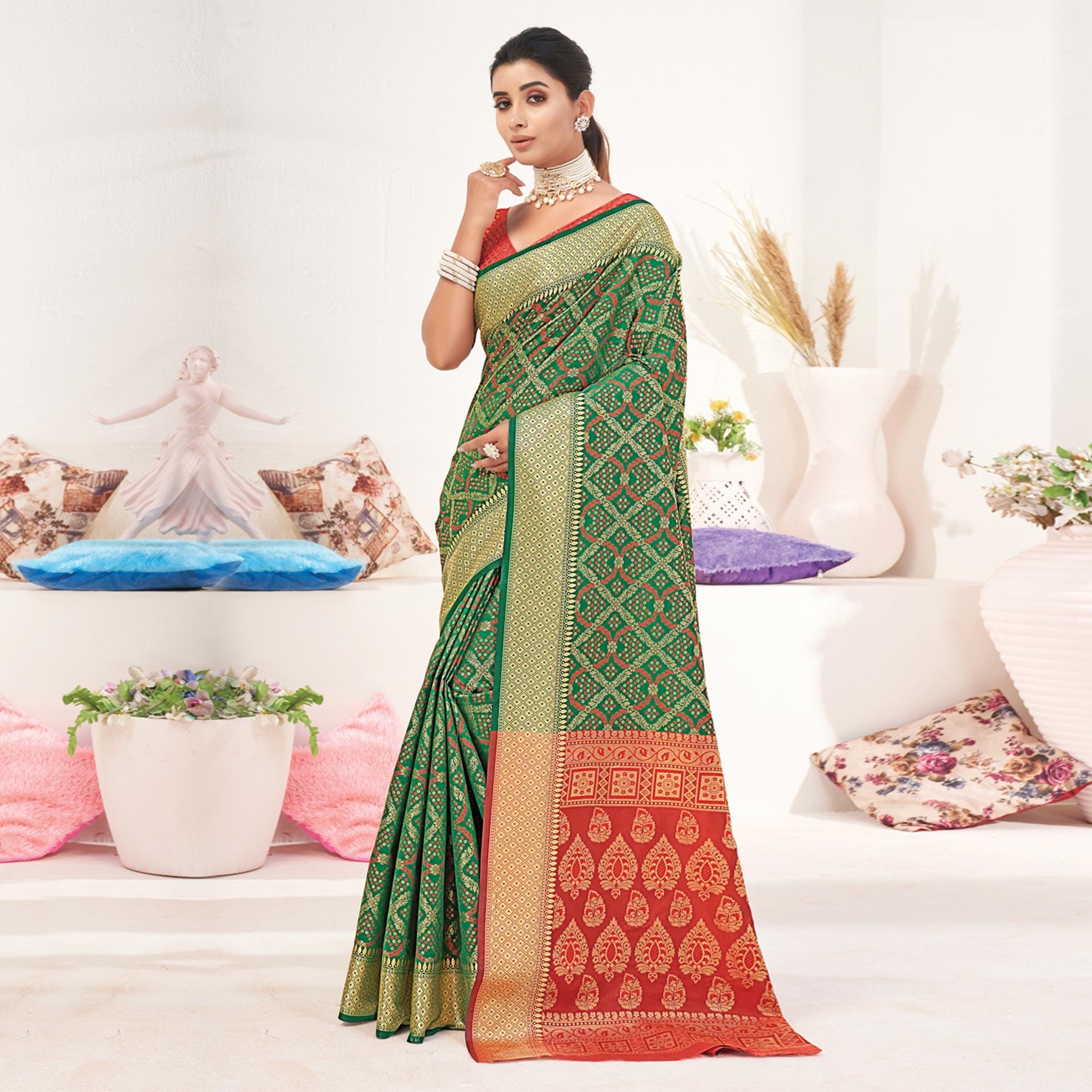 Green Woven Patola Art Silk Saree - Peachmode