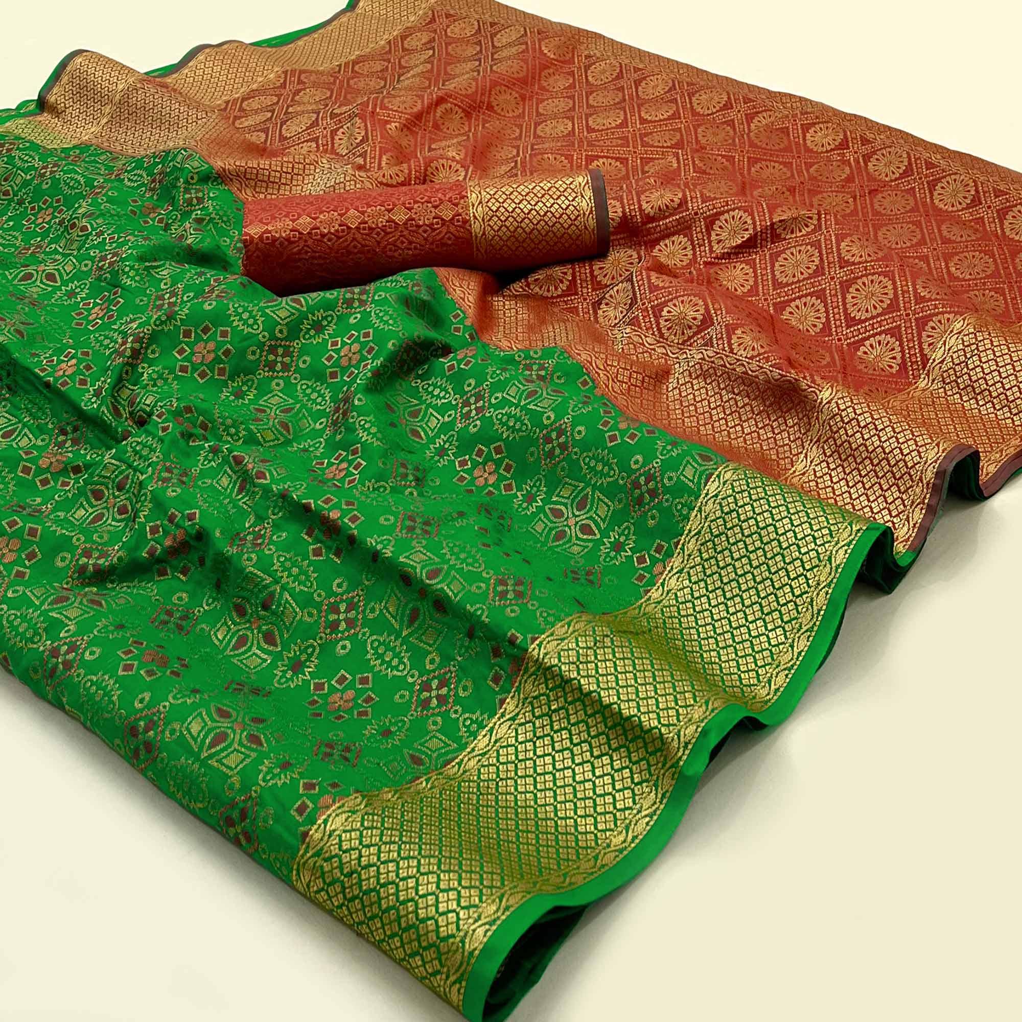 Green Woven Patola Art Silk Saree - Peachmode