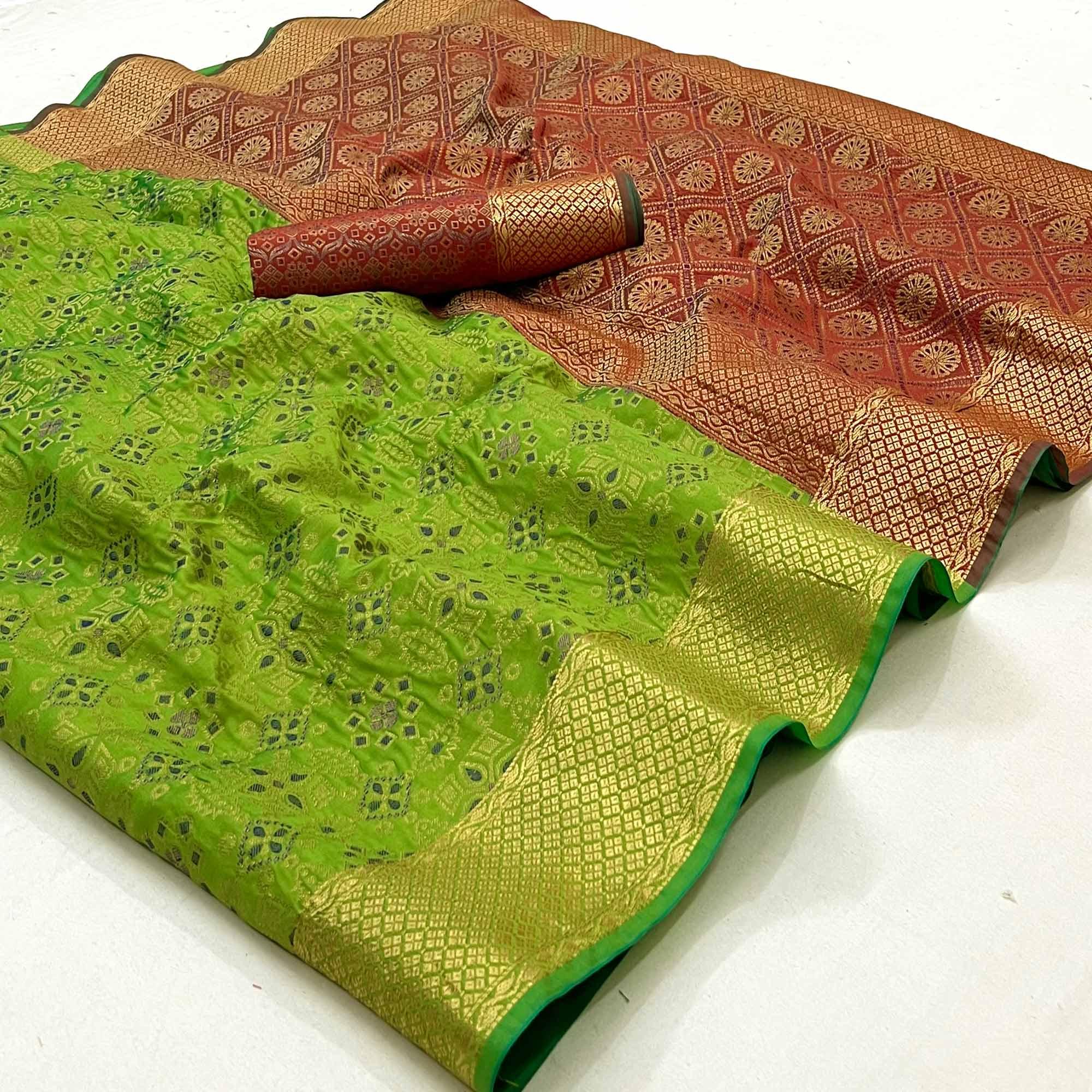 Green Woven Patola Art Silk Saree - Peachmode