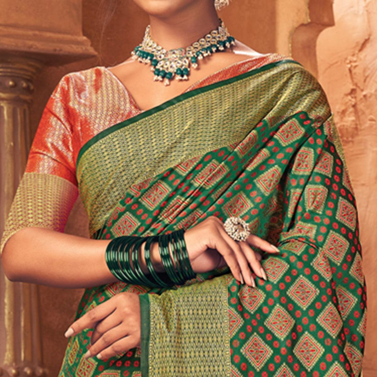 Green Woven Patola Art Silk Saree - Peachmode