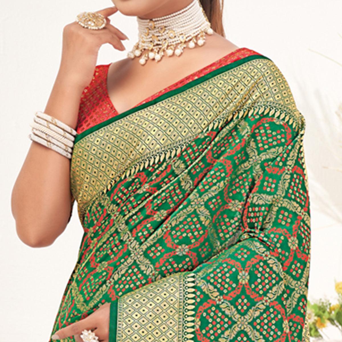 Green Woven Patola Art Silk Saree - Peachmode